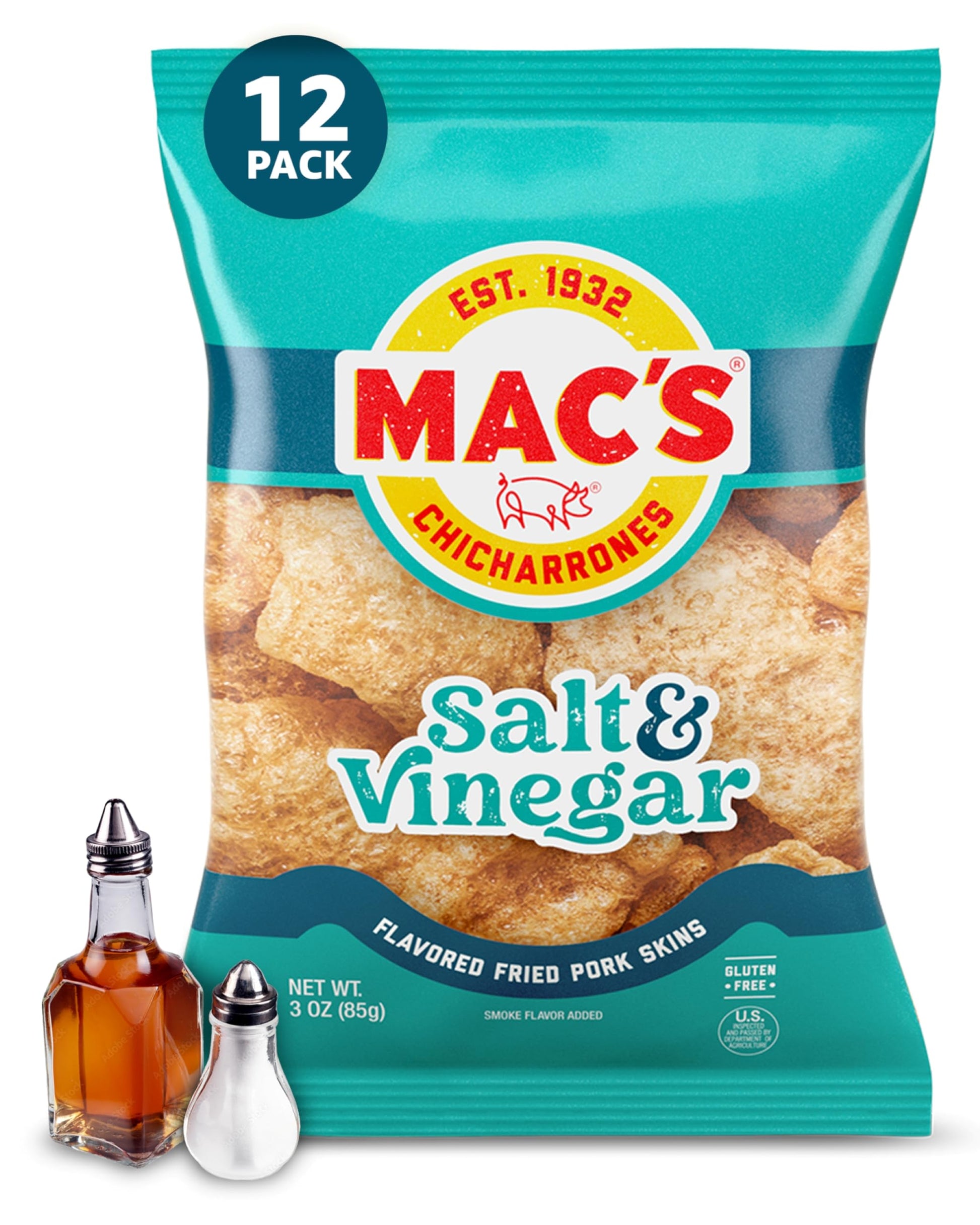 Macs Salt & Vinegar Fried Pork Skins - Salt & Vinegar Flavored Chicharrones Pork Rinds - Low Carb, Gluten-Free, Keto-Friendly S