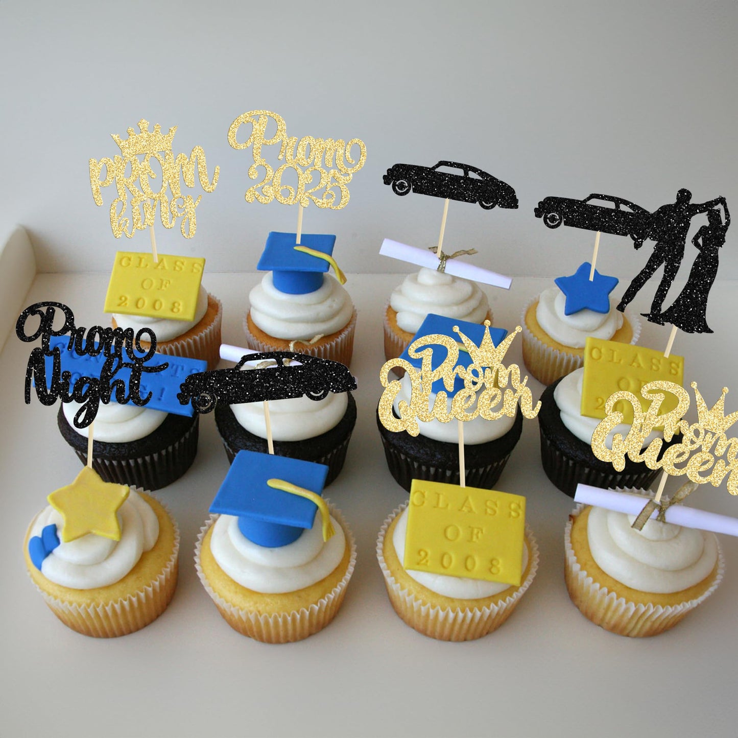 Gyufise 24Pcs Black Gold Prom Cupcake Topper Prom Decorations For Party 2025 Prom Graduation Cupcake Topper 2025 Graduation Deco