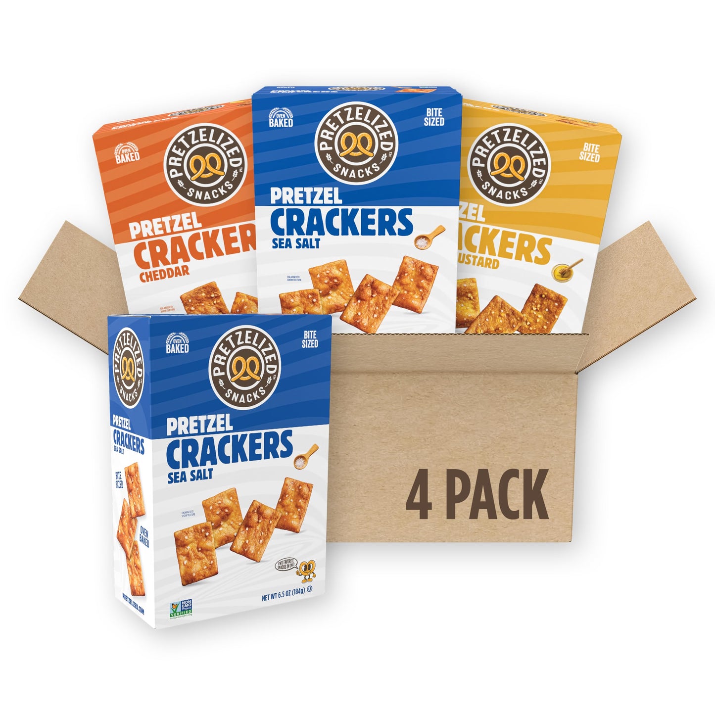 PRETZELIZED Snacks Pretzel Crackers 4 Pack Variety - (2) Sea Salt, (1) Cheddar, (1) Honey Mustard Multipack, 6.5 oz Boxes, Koshe