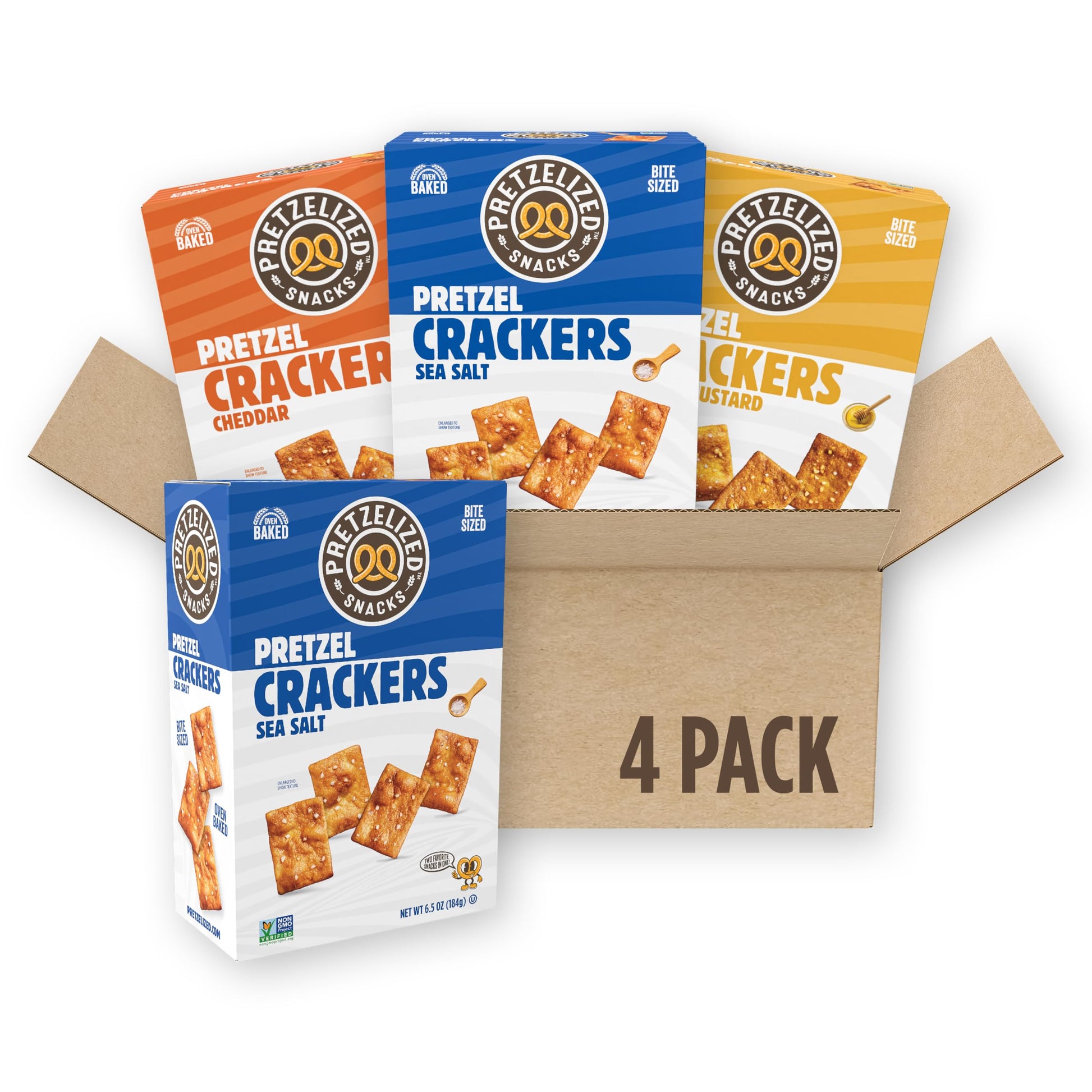 PRETZELIZED Snacks Pretzel Crackers 4 Pack Variety - (2) Sea Salt, (1) Cheddar, (1) Honey Mustard Multipack, 6.5 oz Boxes, Koshe