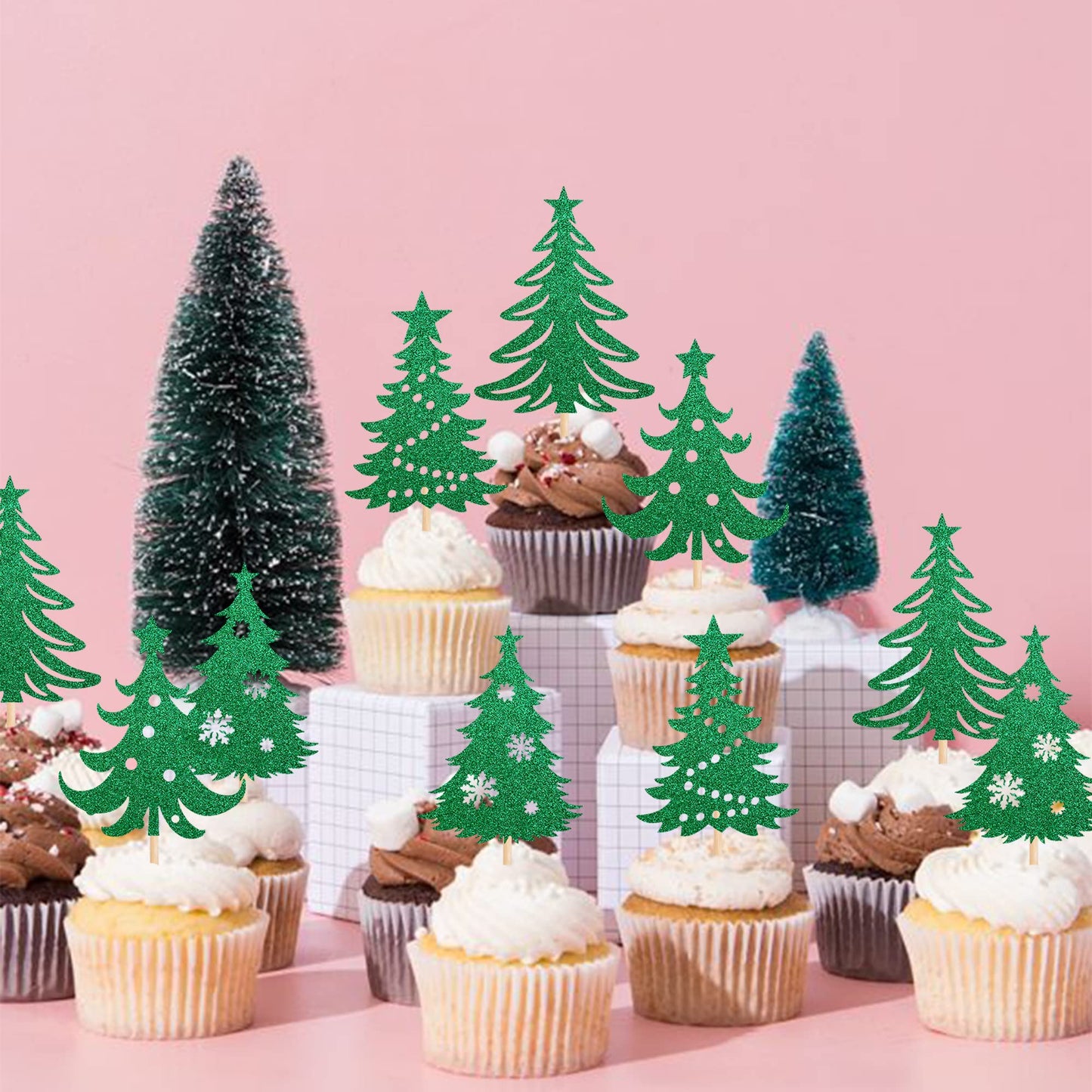 24 Pcs Christmas Tree Cupcake Toppers With Star Green Glitter Christmas Tree Cupcake Picks For Merry Christmas Theme New Year Holiday Baby Shower Kids Birthday Party Cake Decorations Supplies
