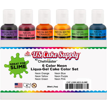 6 Neon Colors Food Coloring Liqua-Gel Decorating Kit - U.S. Art Supply Food Grade, 0.75 fl. oz. (20ml) Bottles, Non-Toxic Neon C