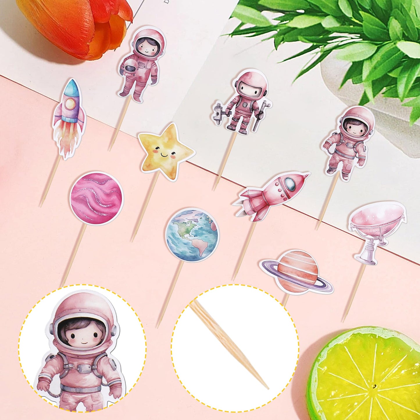 40 Pcs Astronaut Cupcake Toppers - Space Girl, Star, Rocket, Planet, Earth, Cake Decorations For Space Theme Gender Reveal Baby