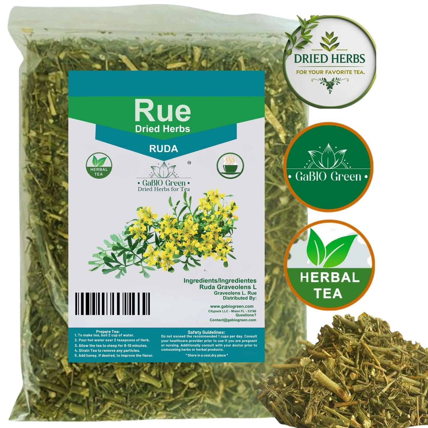 Gabio Green RUE Dried Herbs - Peruvian Ruda, Natural Tea Herbs, 4 oz Resealable Bag