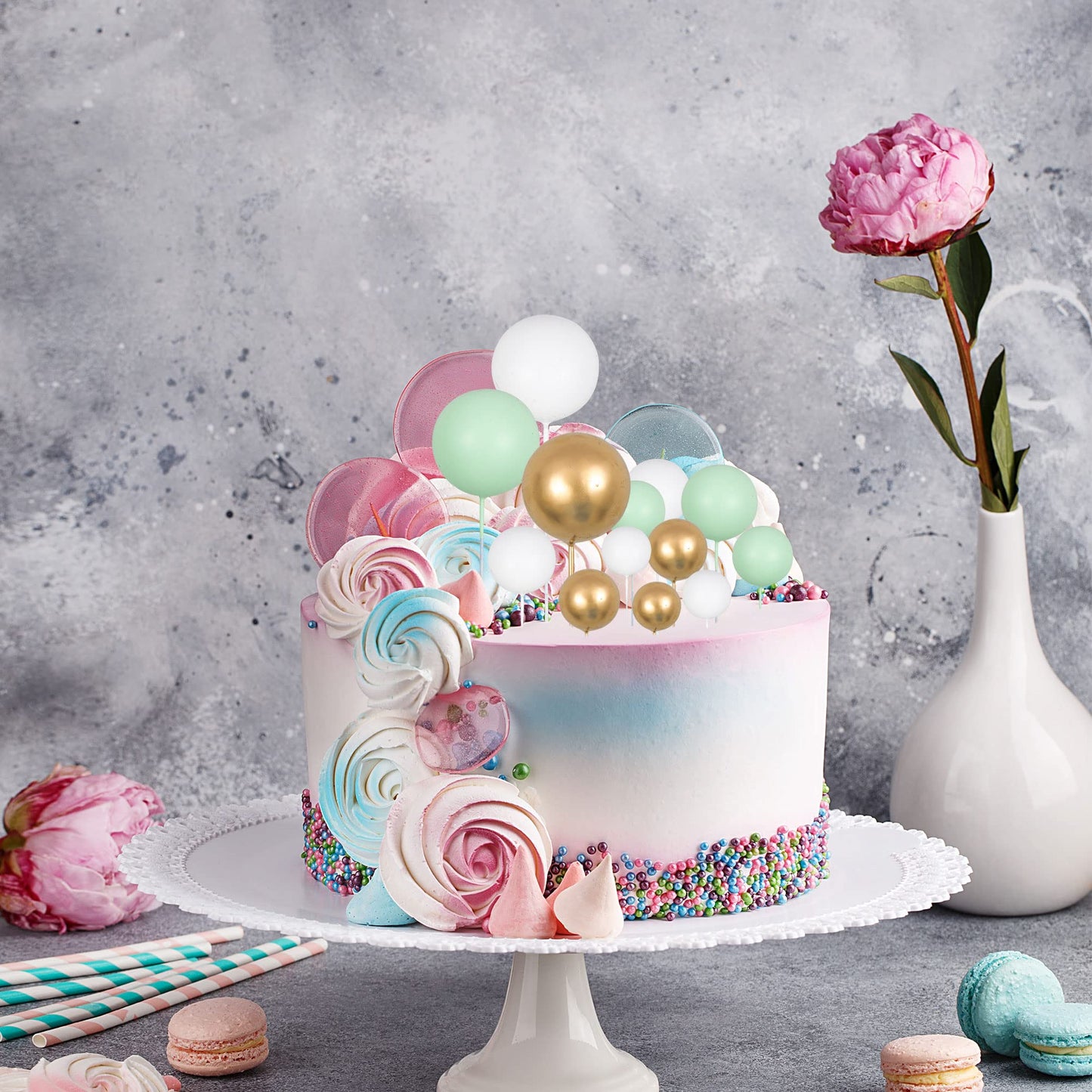 Gyufise 30Pcs Balls Cake Topper Mini Balloons Cupcake Topper Diy Cake Insert Topper Foam Cake Balls Baking Decoration For Weddin