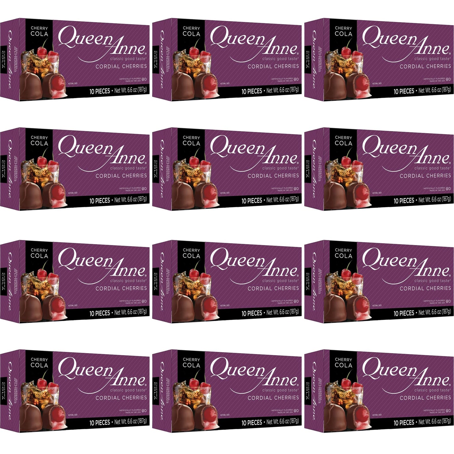 Queen Anne Cherry Cola Chocolate Covered Cordial Cherries | 6.6 oz (Pack of 12) | 10 Piece Gift Boxes | Whole Maraschino Cherry 