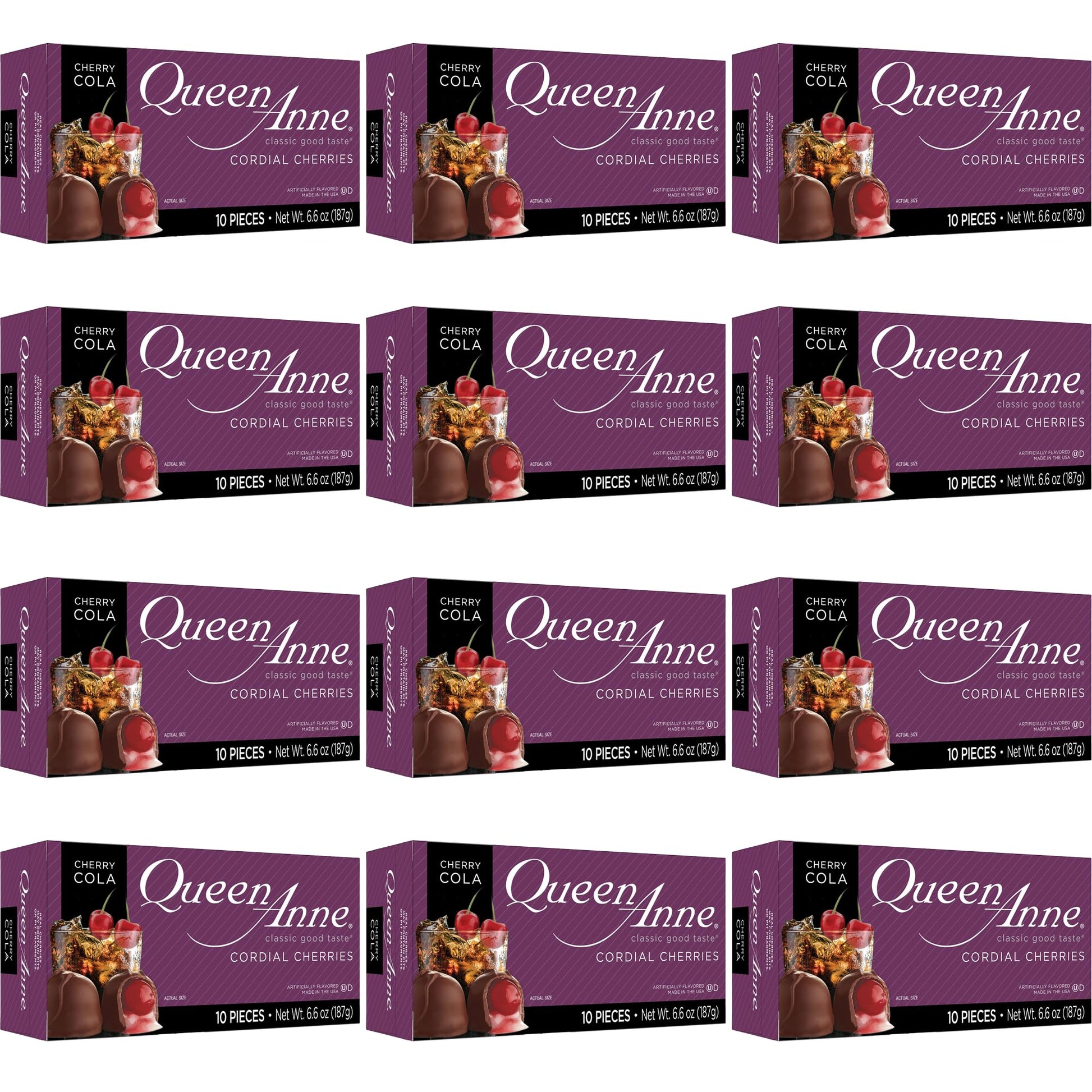 Queen Anne Cherry Cola Chocolate Covered Cordial Cherries | 6.6 oz (Pack of 12) | 10 Piece Gift Boxes | Whole Maraschino Cherry 