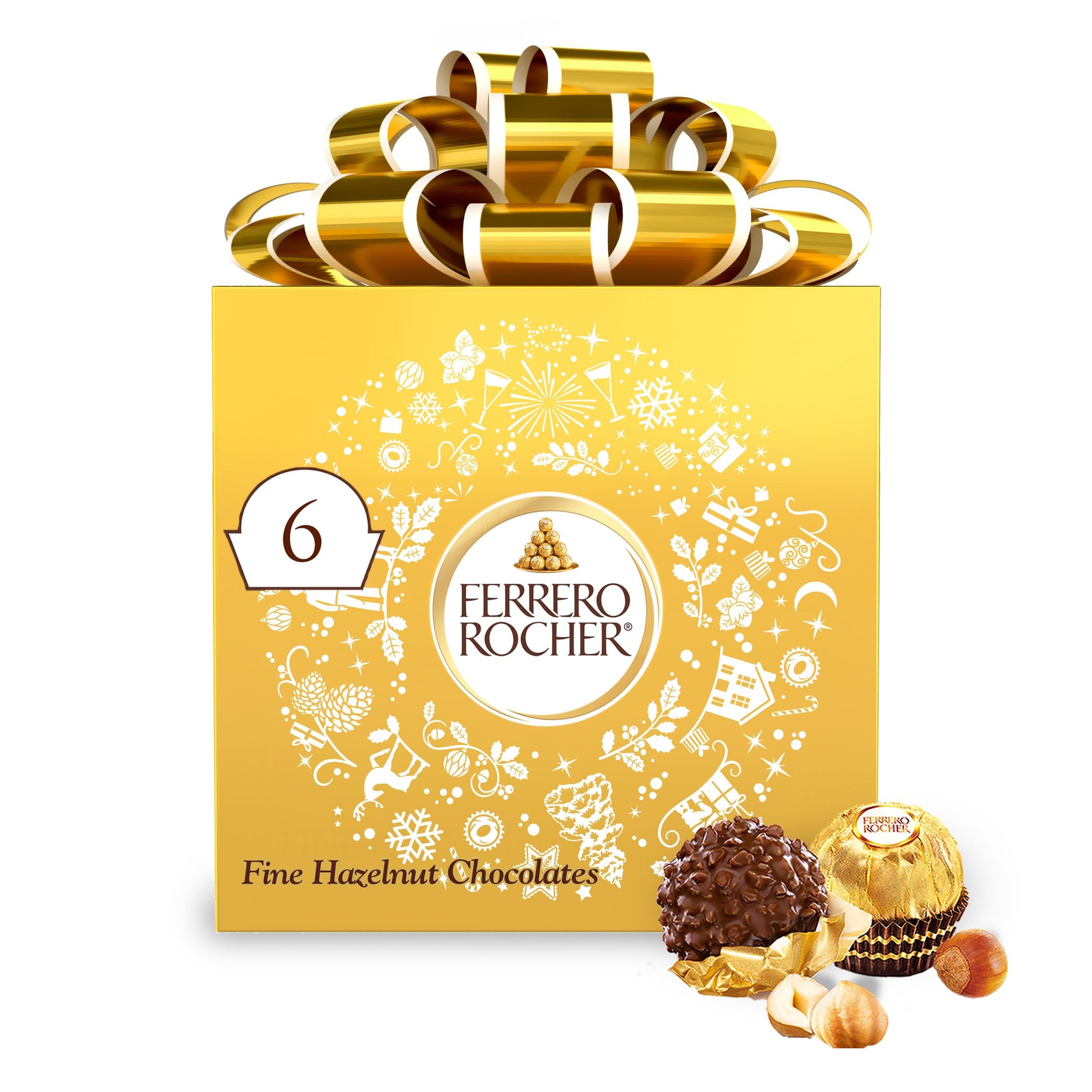 Ferrero Rocher  6 Count  Top-Grade Gourmet Milk Chocolate Hazelnut  Stylish Chocolate Holiday Gift  Individually Wrapped  2.6 Oz