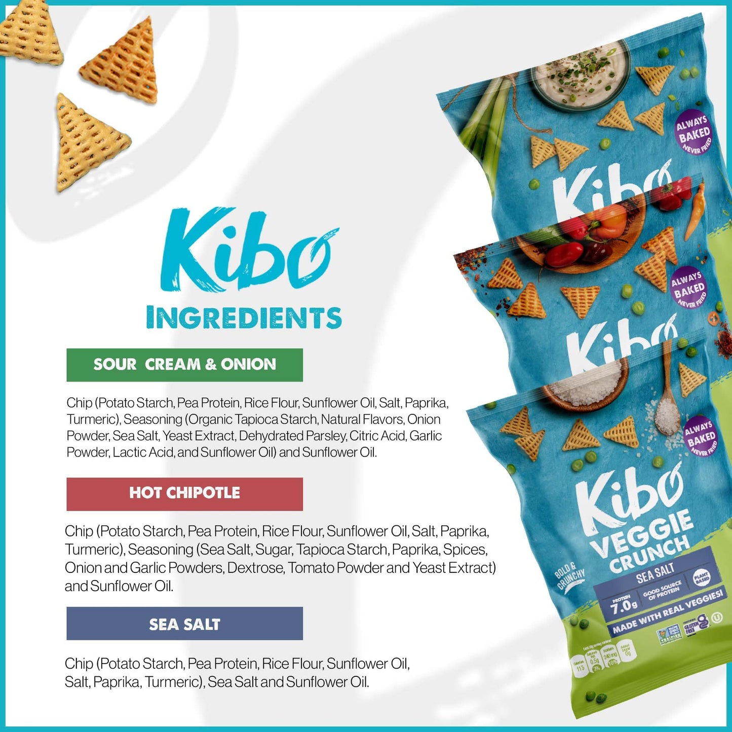 Kibo Veggie Chips Variety Pack - 7G Plant-Based Protein, Sea Salt, Hot Chipotle & Sour Cream & Onion - Gluten & Dairy-Free, Vega