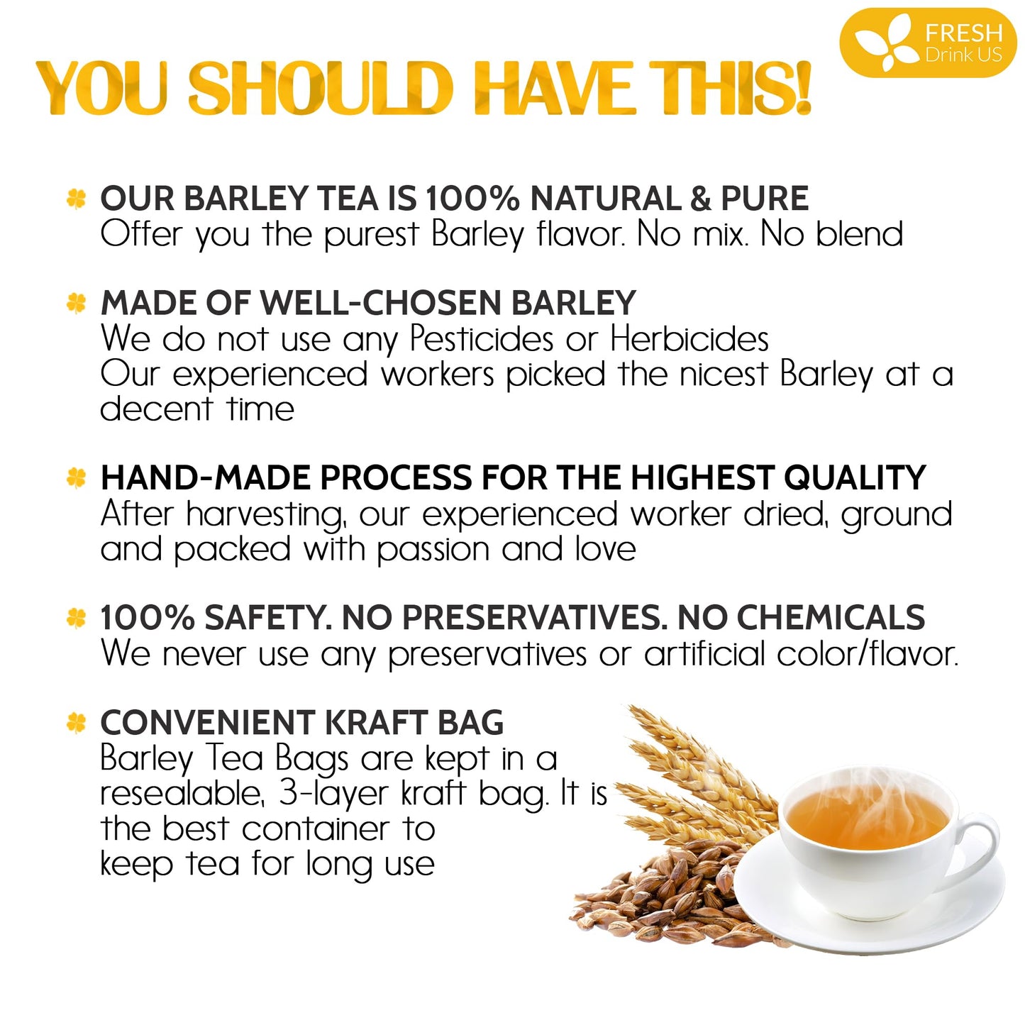 FRESHDRINKUS Barley Tea Bags, 100% Natural Herbal Tea, Vegan, No Sugar, Caffeine, or Gluten, 50 Count