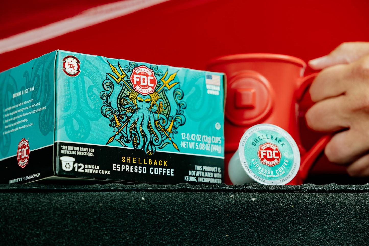 Fire Department Coffee - Gives Back to Firefighters - Bold & Smooth Shellback Espresso Coffee Pods - Roasted in the USA - Made with enhanced Coffee Beans - Veteran Owned - 12 Single Pods