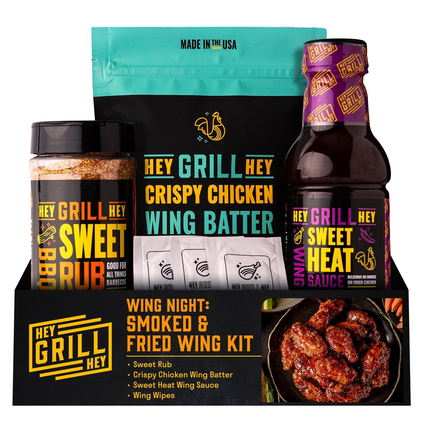 Hey Grill Hey Chicken Wing Seasoning & Sauce Kit - All-in-One BBQ Rub, Sweet Heat Sauce, 54 Ounce