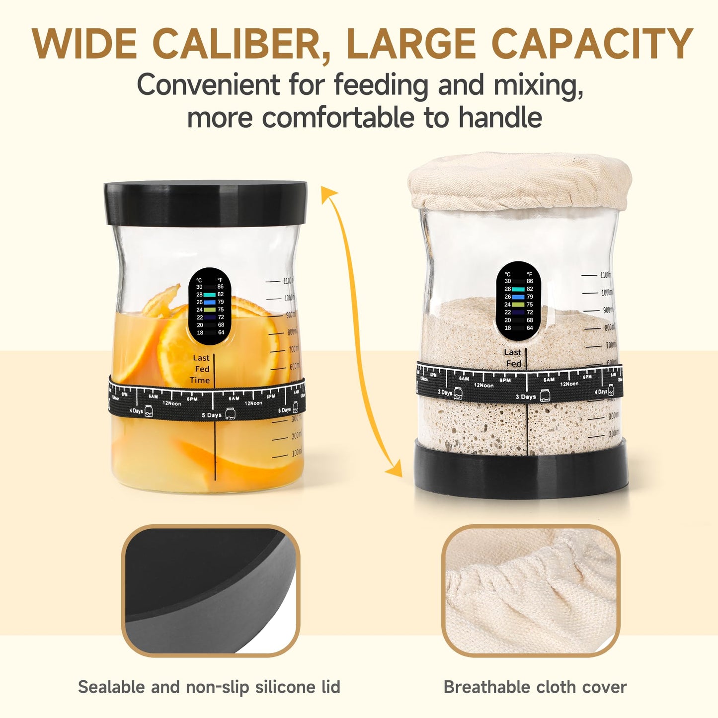 Arbnic Sourdough Starter Kit - 2 Glass Jars, Thermometer, Feeding Band, Large Capacity