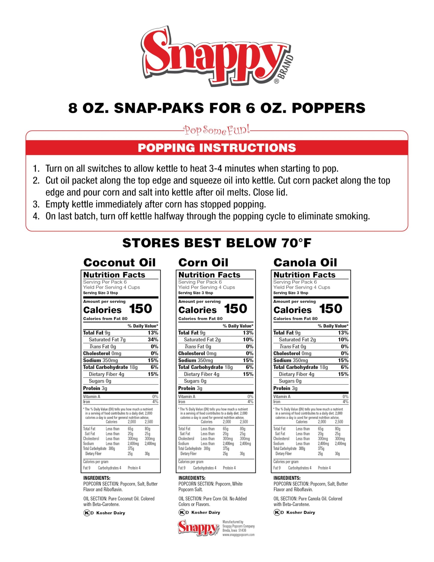 SNAPPY Snappy Snap-Paks Popcorn Packs with Coconut Oil, 8 oz, 24 Count