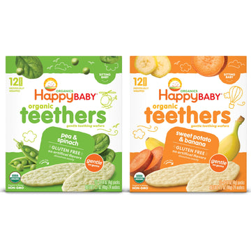 Happy Baby Organics Gluten Free Organic Teethers 2 Flavor Variety Pack (Pea & Spinach/Sweet Potato & Banana), 12 Count (Pack Of 