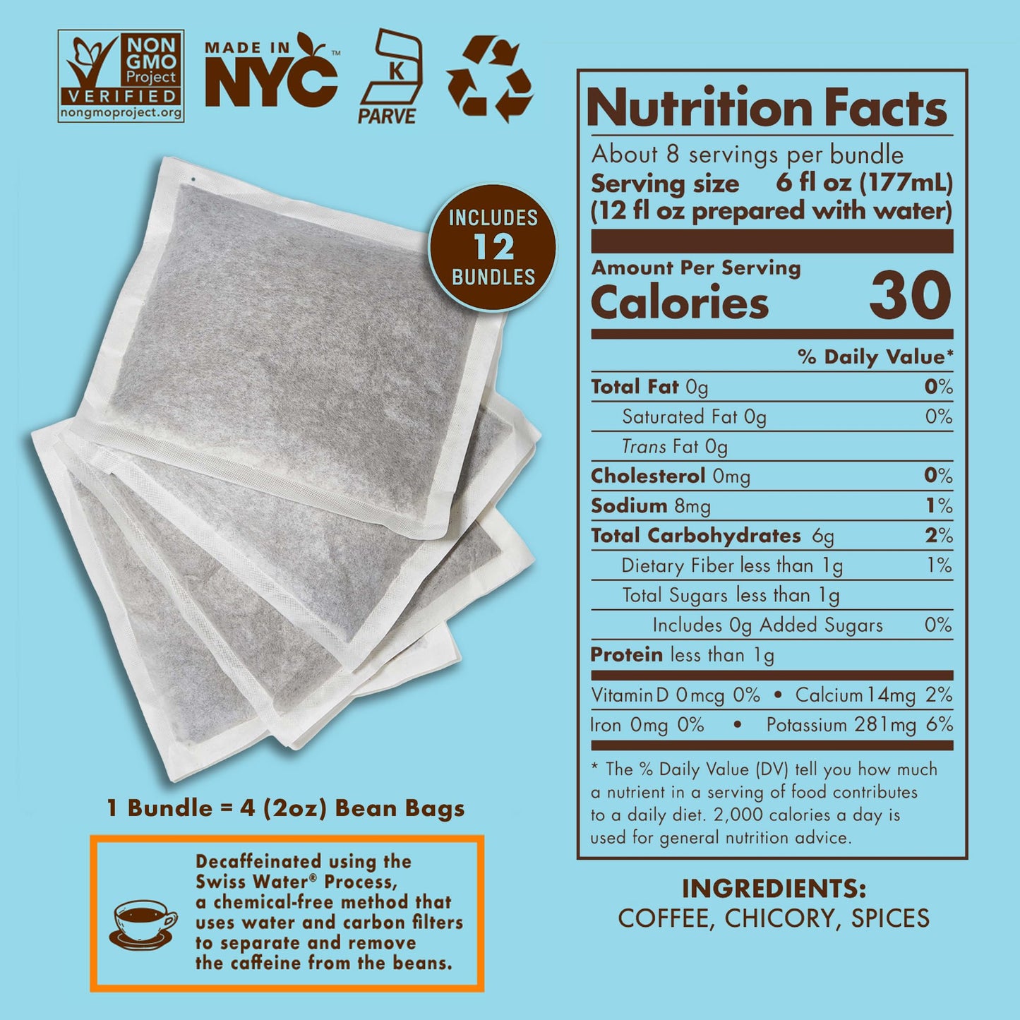 GRADYS COLD BREW, New Orleans Style - DECAF | 100% Arabica Ground Coffee & Chicory Pouches, 12 Bundles of 4 Easy-to-Brew Bean Ba
