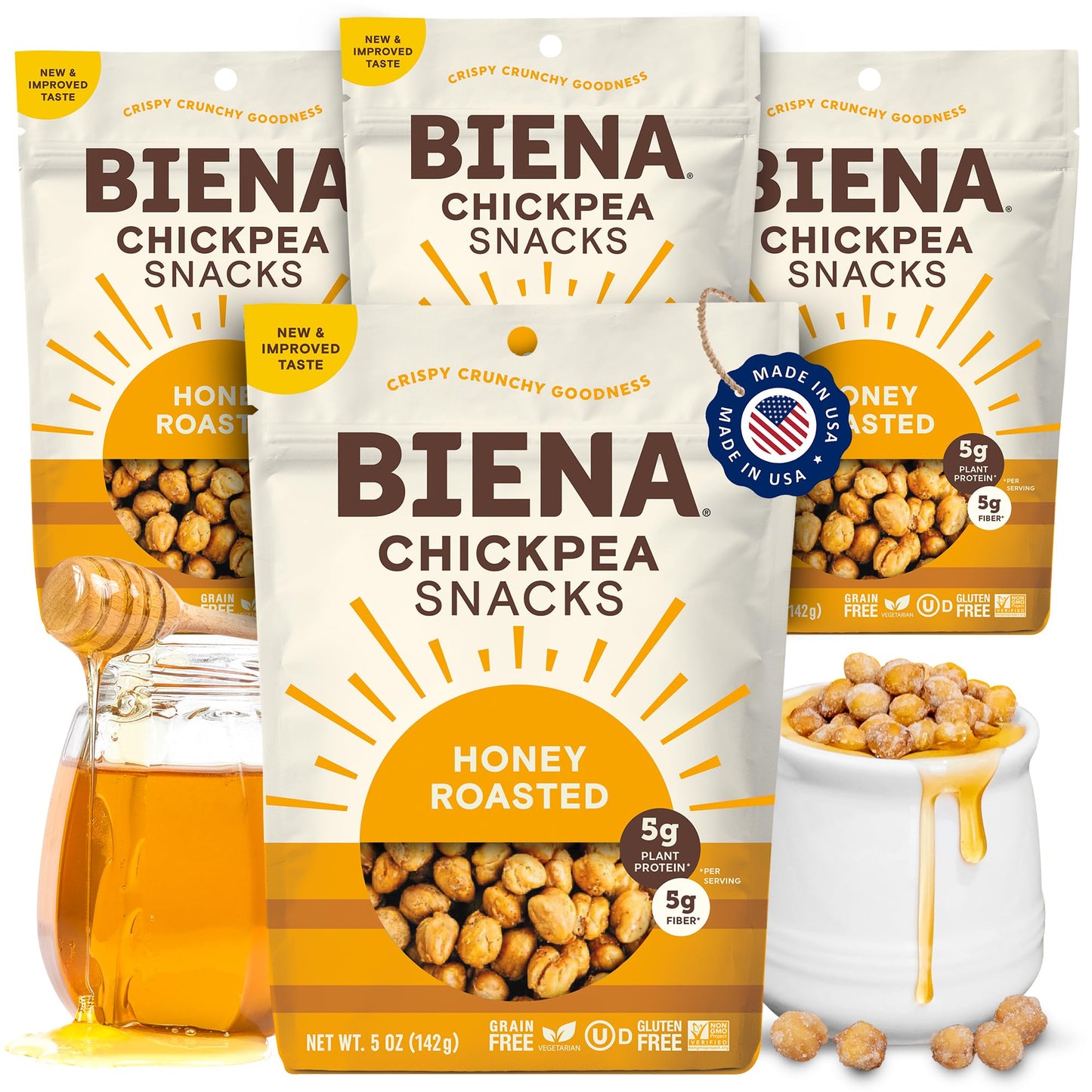 BIENA Chickpea Snacks - Crunchy Roasted - High Fiber Protein - 4-Pack, 5 Ounce Bags - Honey Roasted - Brown