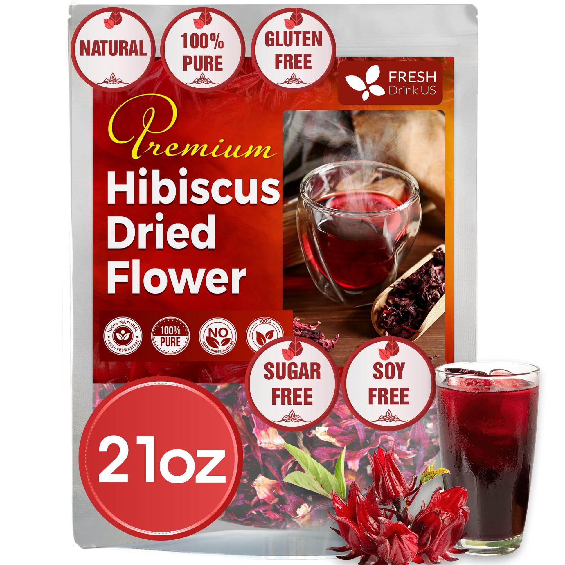 FRESHDRINKUS Hibiscus Flower Herbal Tea, 100% Natural, 22oz, No Additives, Caffeine-Free, Vegan, Model TS0417-B700ML-M982