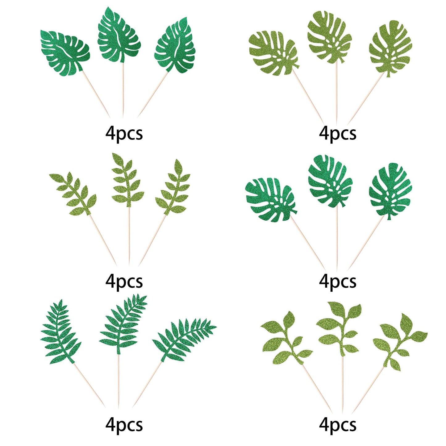 YCTHUNFISH 24 Pack Cupcake Toppers, Tropical Palm Leaves, Glitter Green, Bamboo, Hawaiian Theme Decorations for Parties