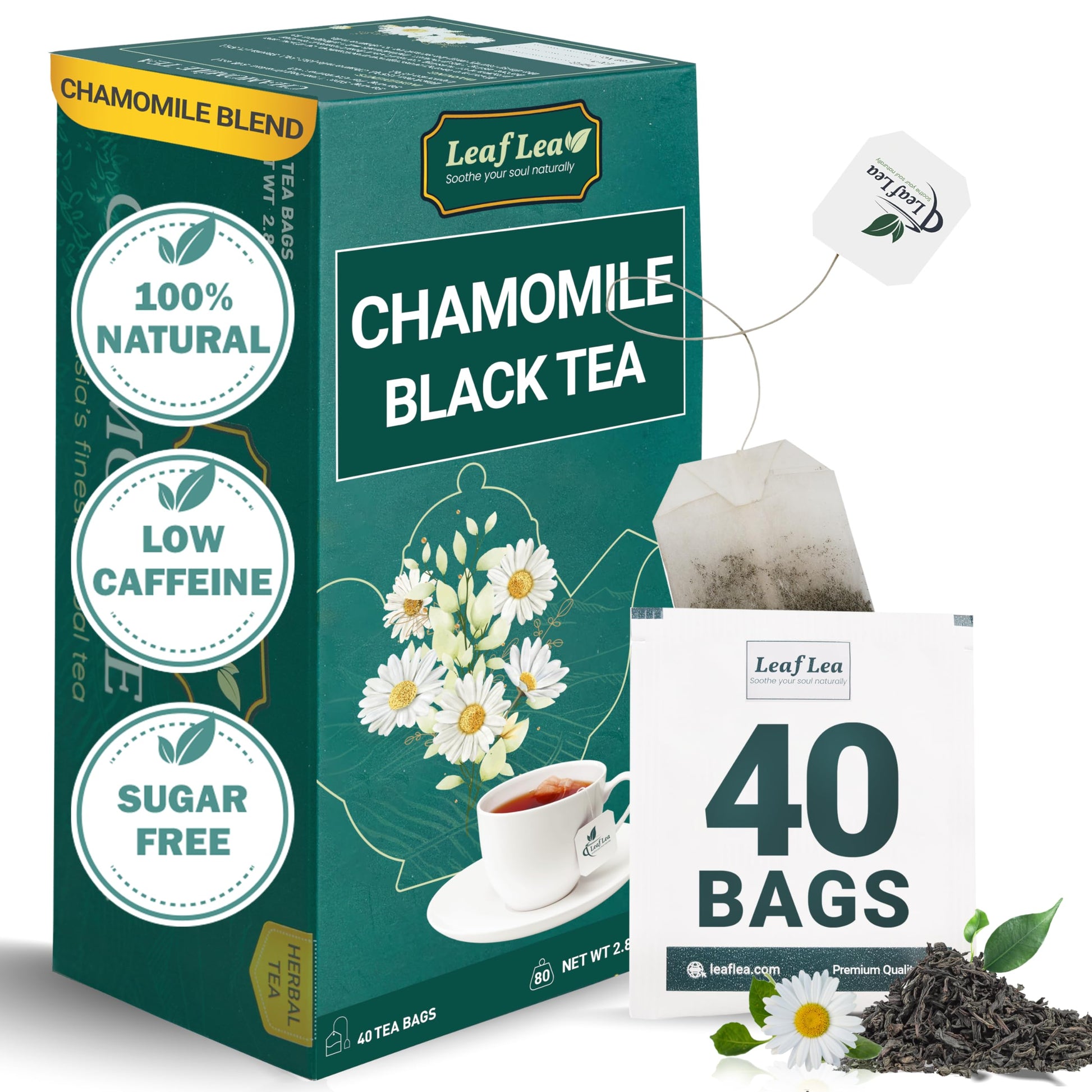 LeafLea Black Tea with Chamomile, Camomile Tea Bags, Natural Chamomile Flowers For Relaxation, Strong & Distinctive Black Tea, M
