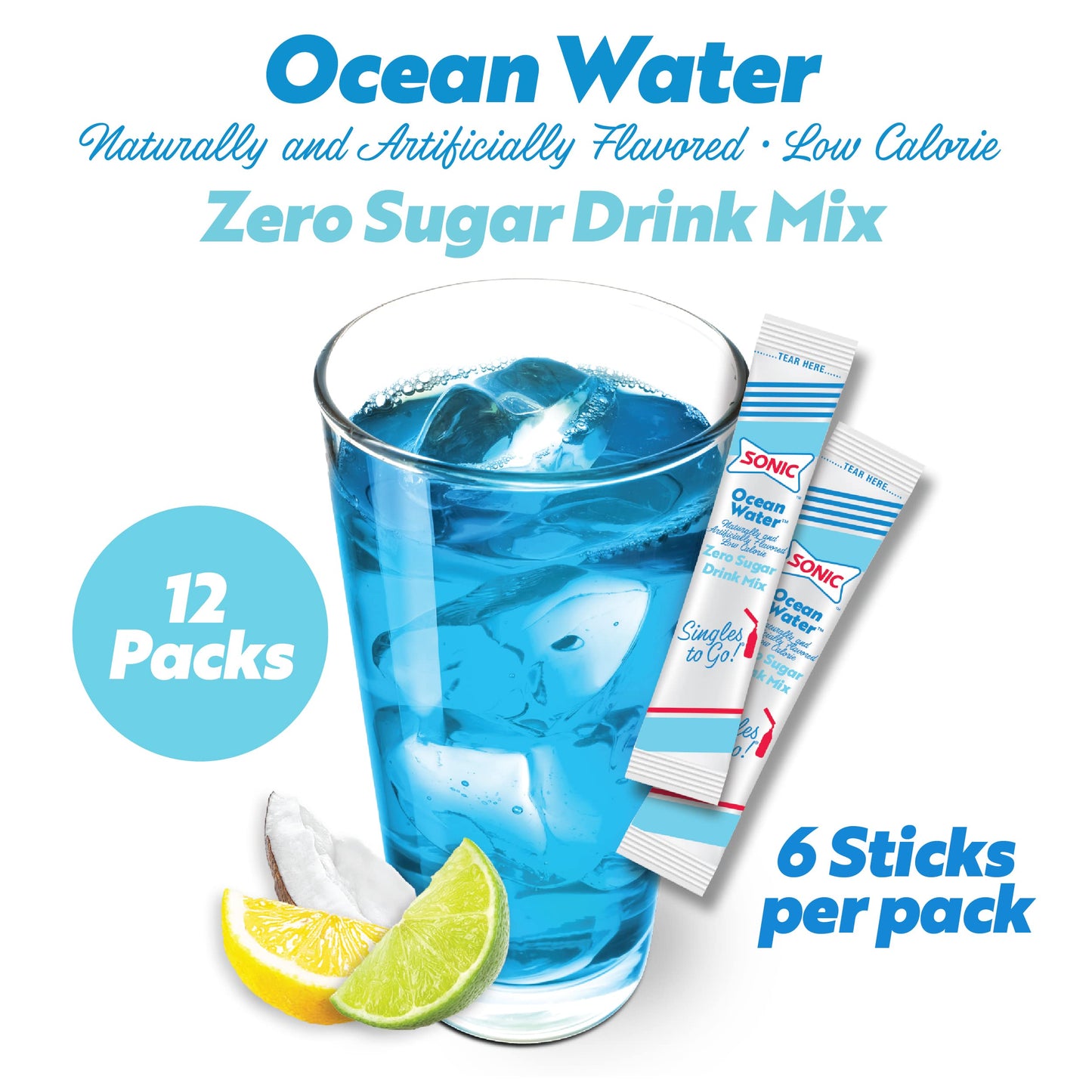 SINGLES TO GO! Sonic Singles Powdered Drink Mix, Ocean Water, 6 Sticks per Box, Pack of 12, 0.52 Ounce Each
