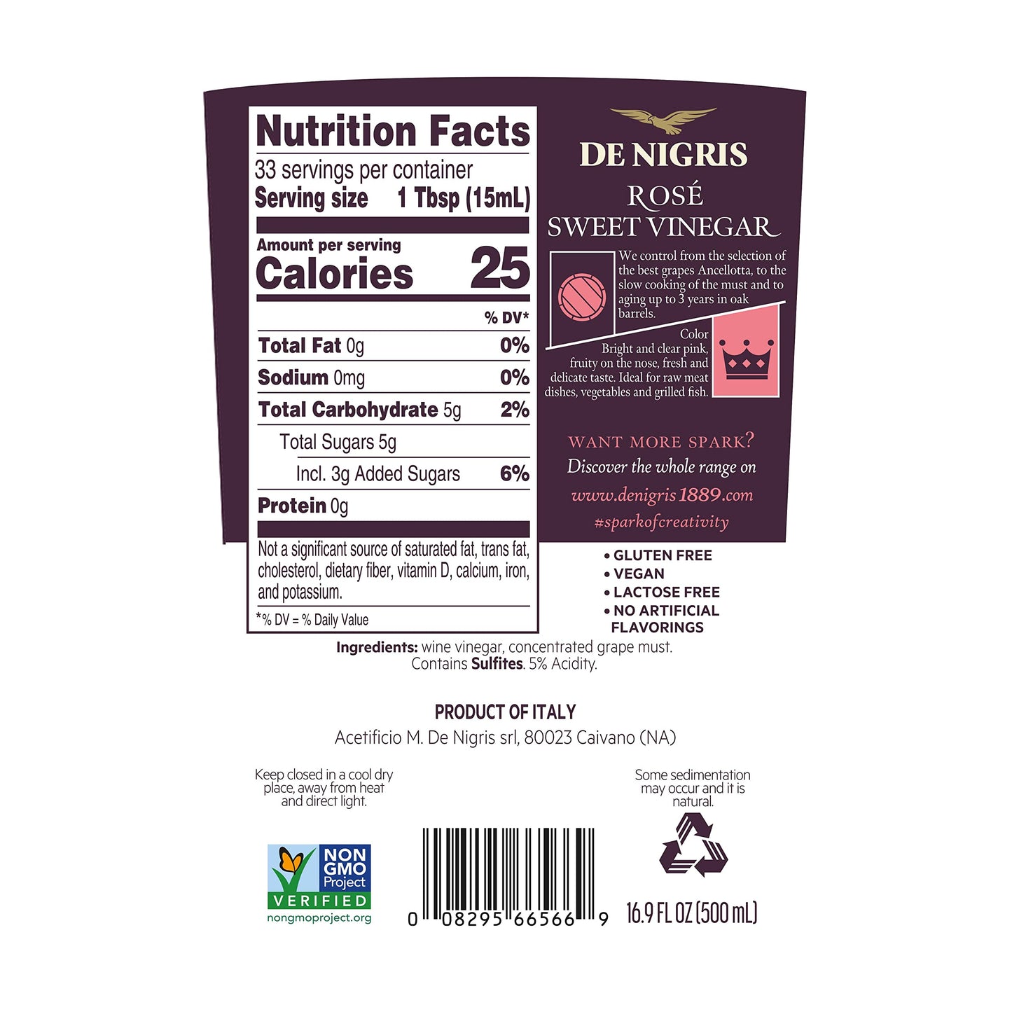 De Nigris Sweet Rosé Wine Balsamic Vinegar, 16.9 Fl Oz (500ml), Roseoro