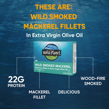 Wild  t Smoked Mackerel Fillets in Extra Virgin Olive Oil, 3.9 oz, Pack of 12, Non-GMO, Sustainably Wild-Caught, Keto and Paleo