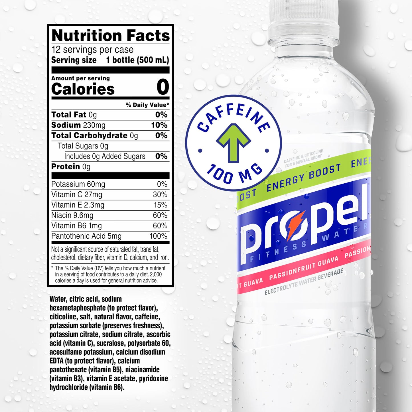 Propel Energy Boost Zero Calorie Flavored Water With Electrolytes and Caffeine  3 Flavor Variety Pack  16.9 fl oz Bottles (12 Pack)