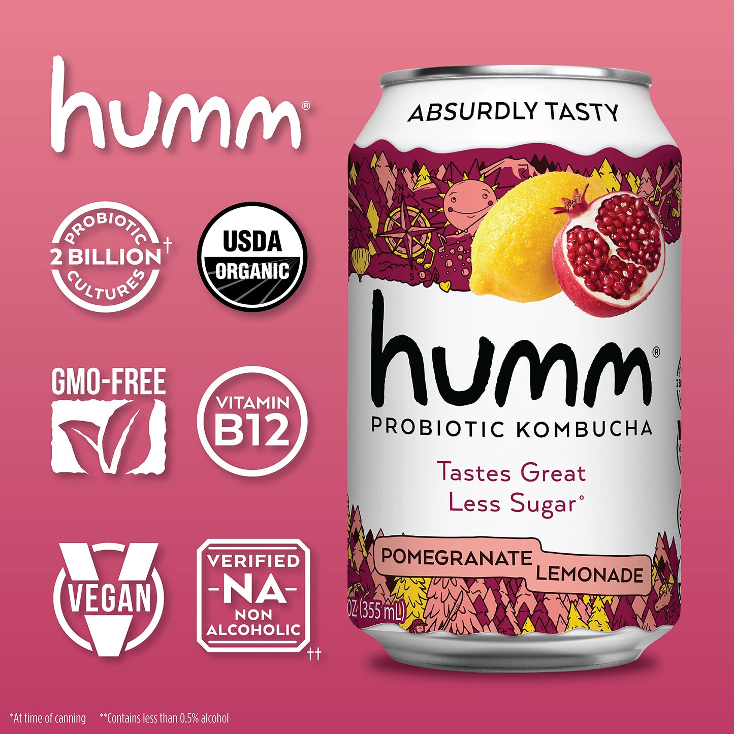 Humm Kombucha Paradise Variety 12 Pack, 2 Billion Probiotics For Gut Health, Blackberry, Coconut Lime, Pomegranate Lemonade