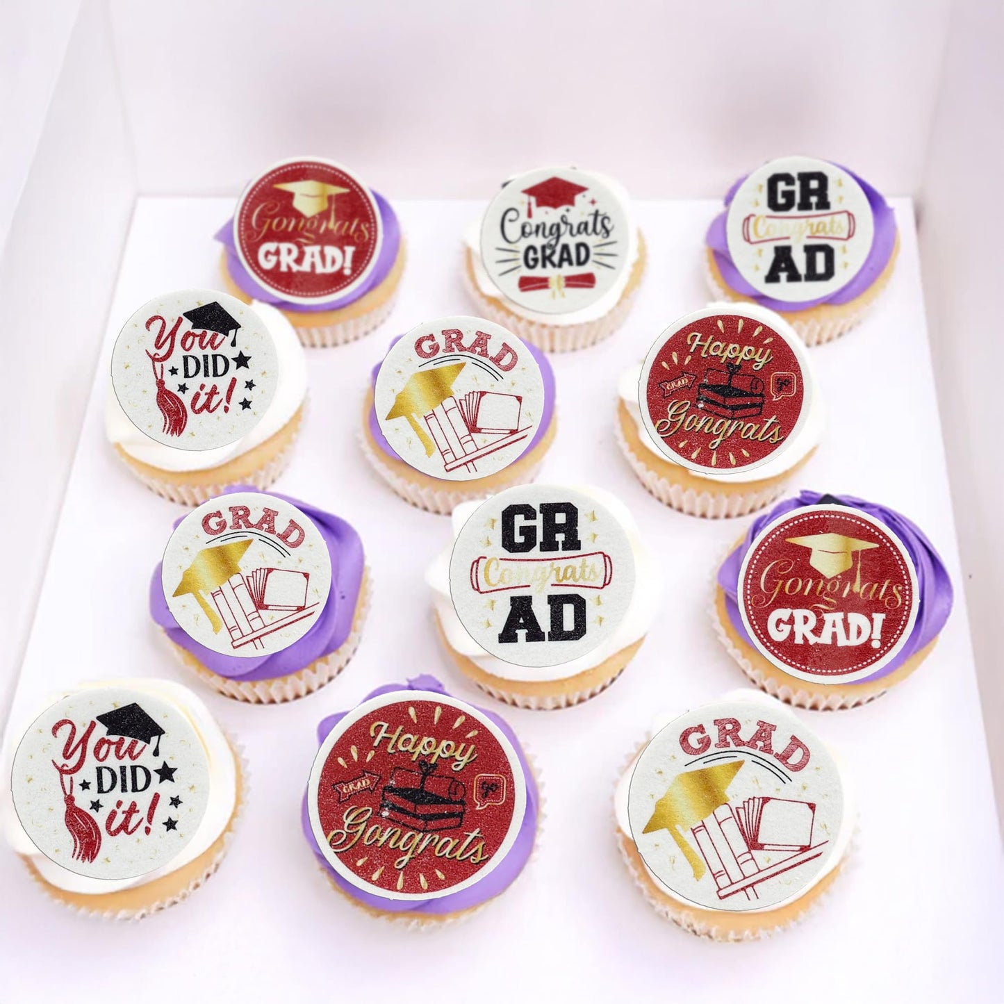 Ephlyn 54Pcs Graduation Cupcake Toppers Wafer Paper Red Grad Caps 1.8cm