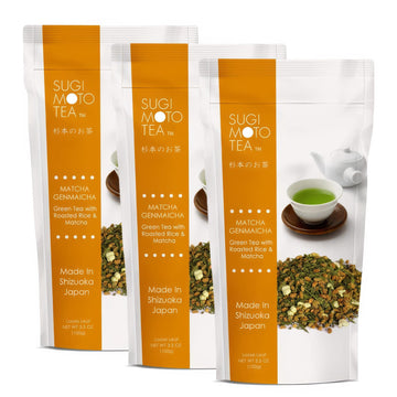 Sugimoto Tea Japanese Matcha Genmaicha Loose Leaf 3.5 Oz (100 G) Pack Of 3, Matcha And Roasted Rice Green Tea Blend Made In Shiz