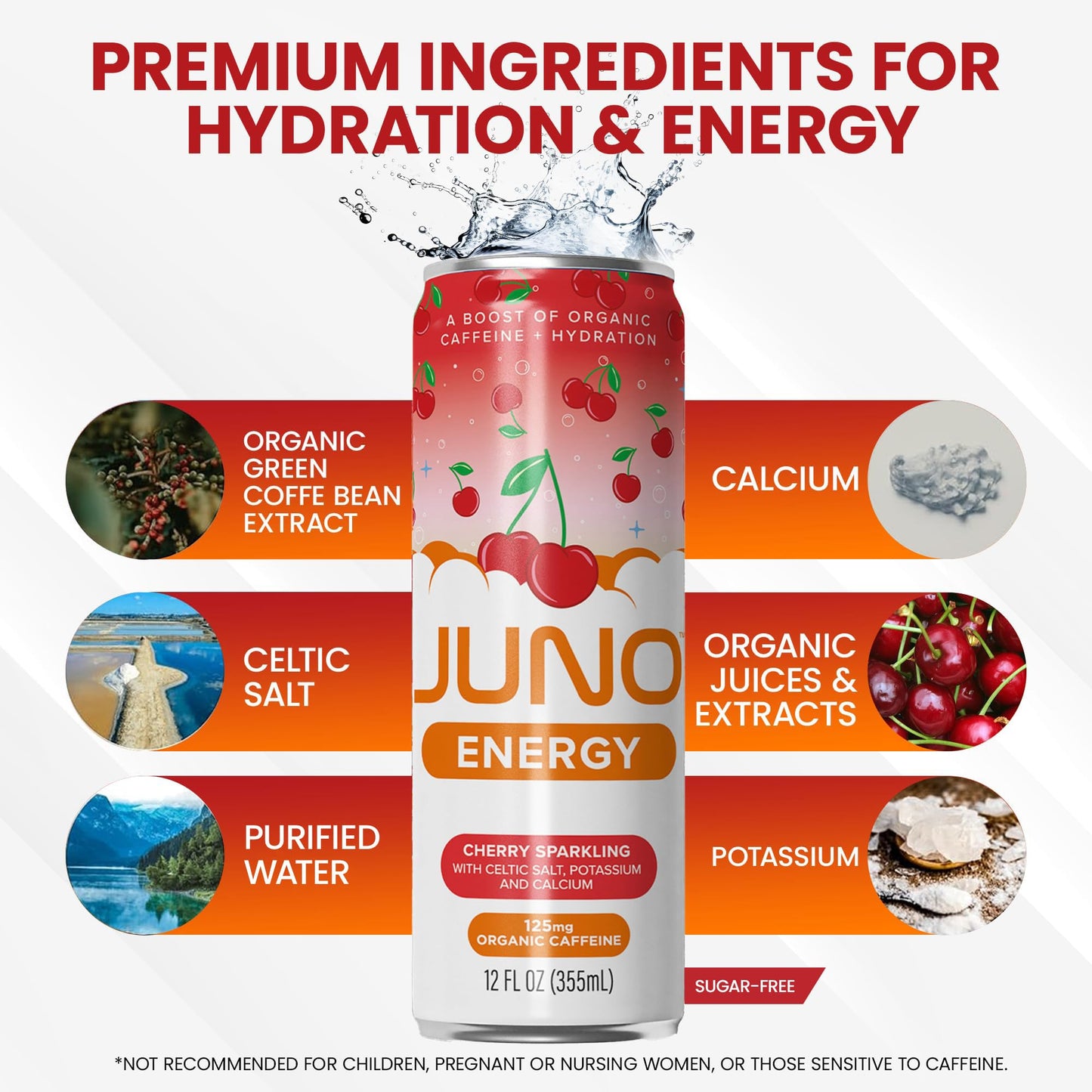 JUNO ENERGY Organic Cherry Sparkling Drink - Sugar Free Electrolytes  Energizing and Hydrating with 125mg Organic Caffeine from Green Coffee Beans  Organic Monk Fruit  Organic Sour and Black Cherry Juice & Electrolytes - Vegan  Gluten Free  12 Pack