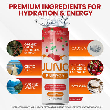 JUNO ENERGY Organic Cherry Sparkling Drink - Sugar Free Electrolytes  Energizing and Hydrating with 125mg Organic Caffeine from Green Coffee Beans  Organic Monk Fruit  Organic Sour and Black Cherry Juice & Electrolytes - Vegan  Gluten Free  12 Pack