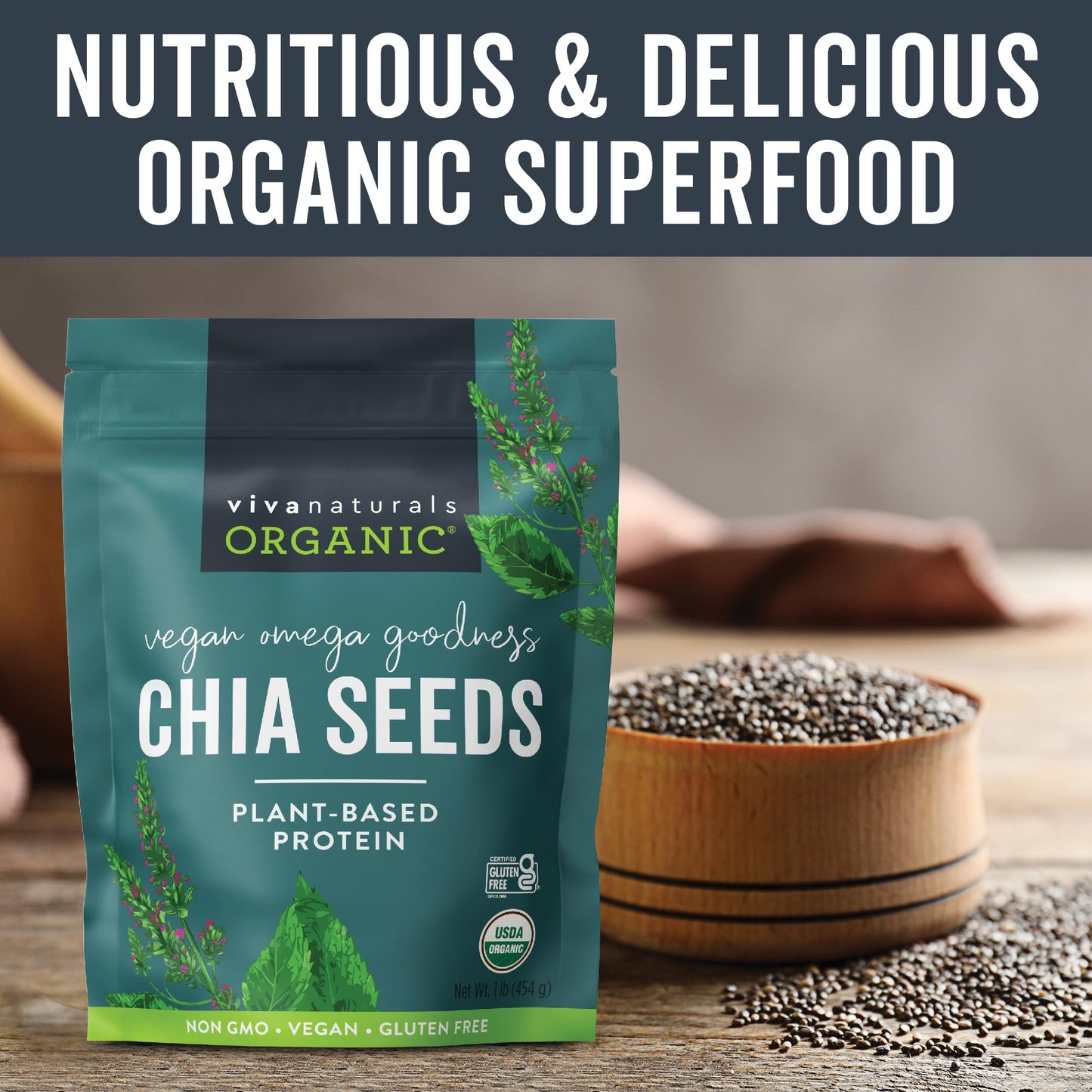Viva Naturals Organic Chia Seeds 1 LBs - Plant-Based Omega-3 and Vegan Protein, Non-GMO Chia Seeds Organic Perfect for Smoothies