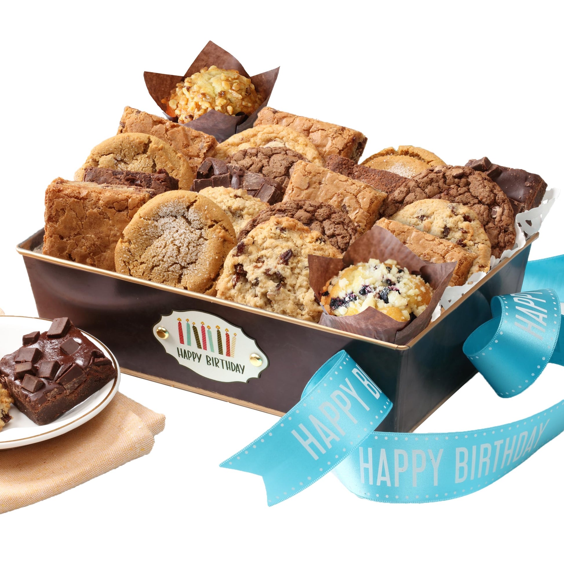 Happy Birthday Gift Basket Filled With Indiviually Wrapped Fresh Brownies And Cookies Assorted Toppings And Flavors Perfect For Her Him Friends Associates