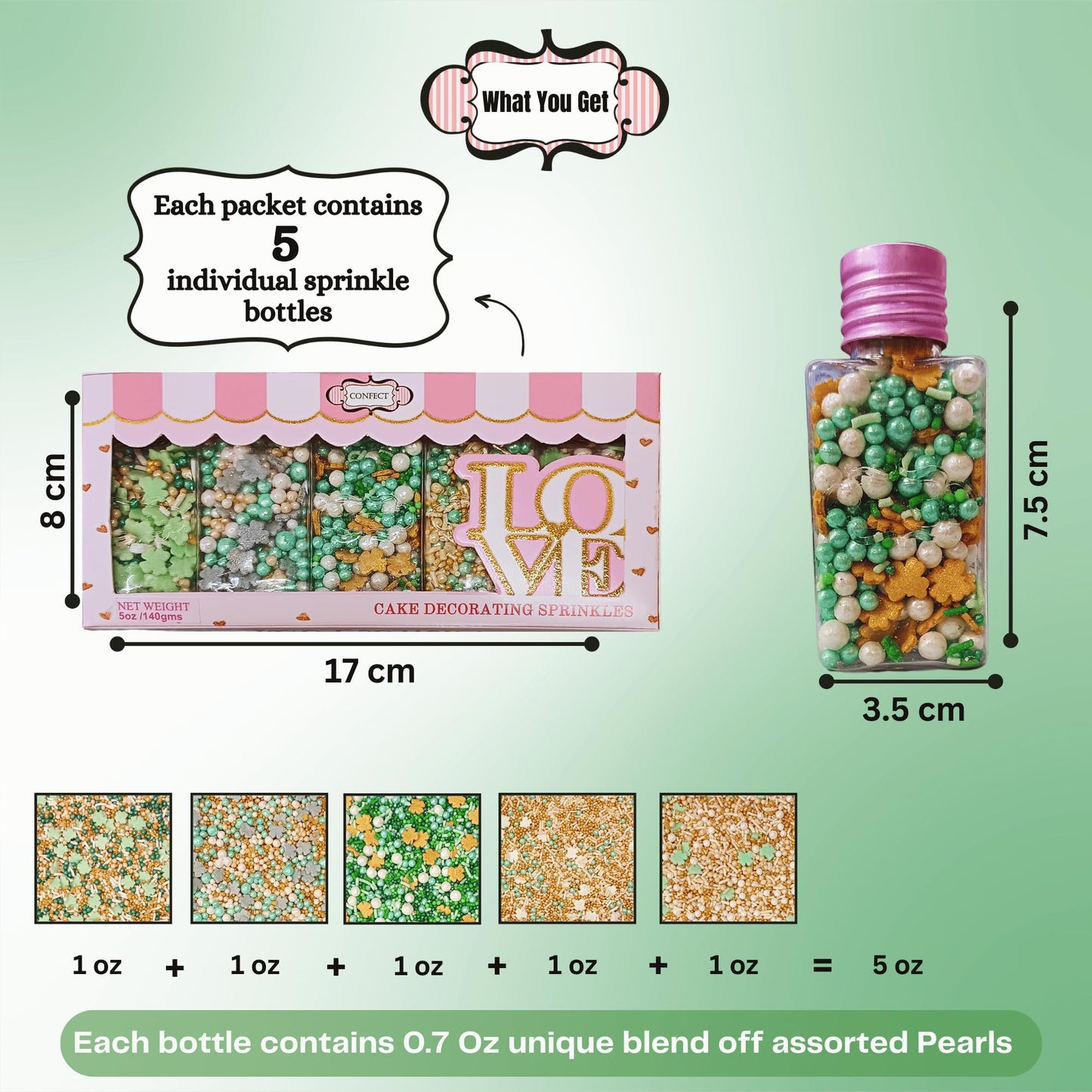 Confect St. Patricks Green & Gold Leaf Sprinkles | White Pearl Sprinkles | Gold Star Sprinkles | Edible Sprinkles | Sprinkles Fo
