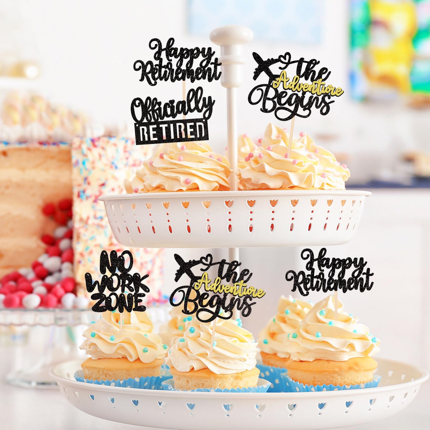 Rssta i Cupcake Toppers, Happy Retirement, Glitter, Paper, 2.4-4.5 inches, Design 3 Black, Party Decorations, 24 Pack