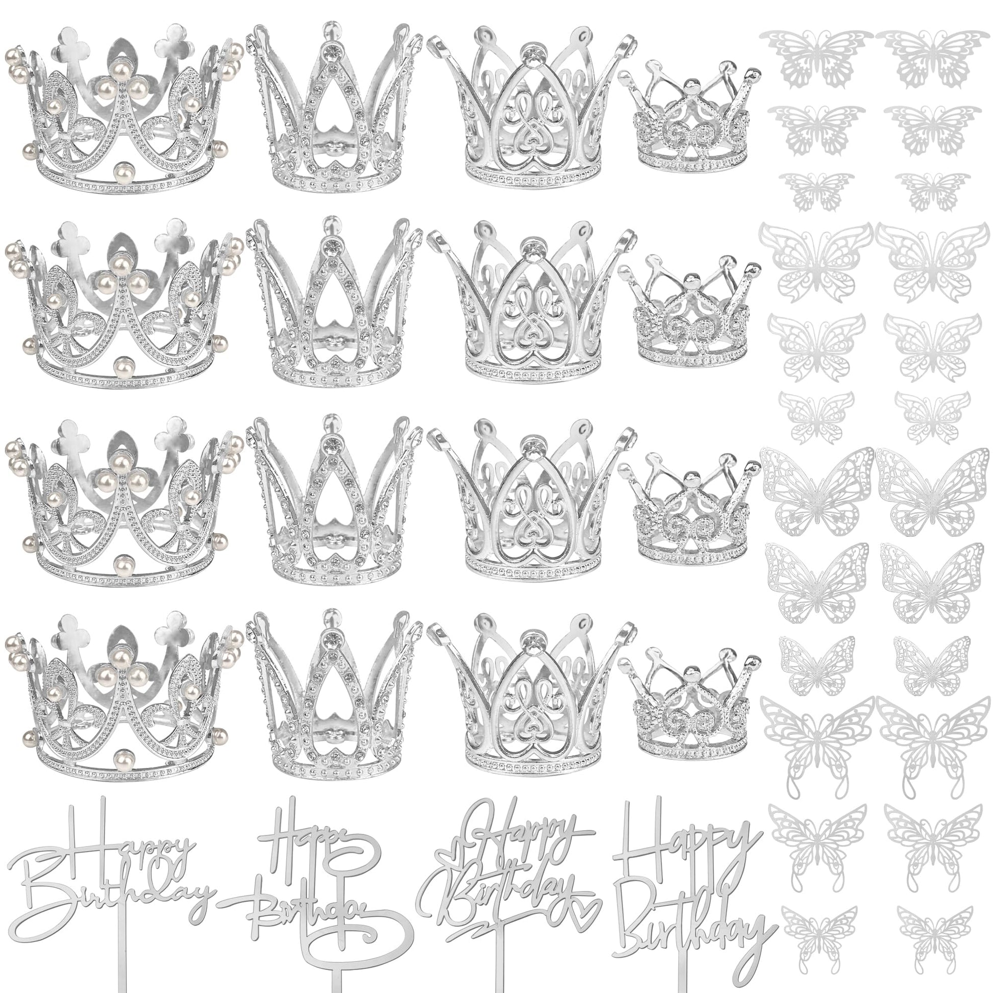 44 Pcs Silver Crown Cake Decoration 16 Pcs Mini Crown Tiny Crown With 24 Pcs Butterfly Wall Decors And 4 Pcs Birthday Cake Toppe