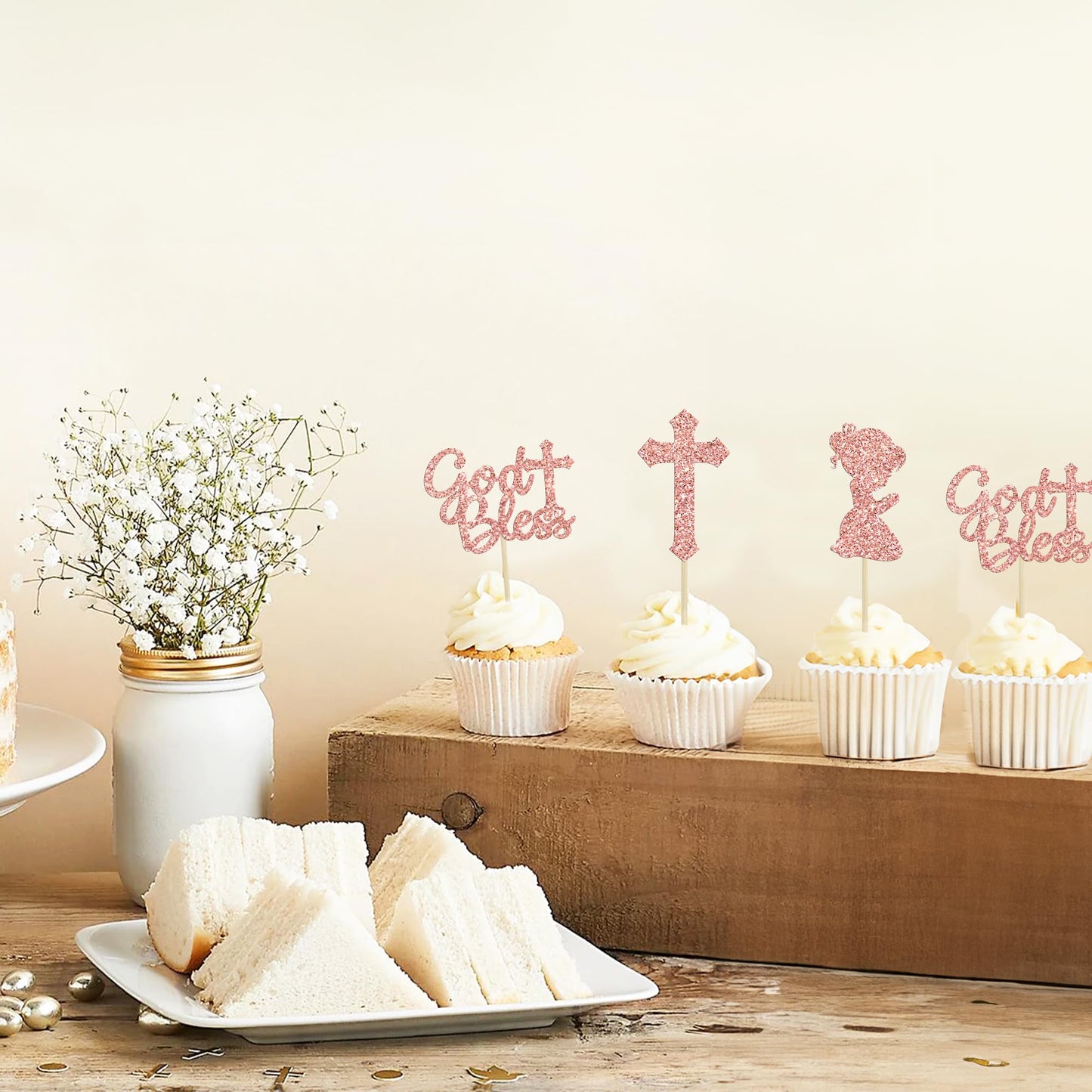 Gyufise 24Pcs Rose Gold Glitter Girl God Bless And Baptism Cupcake Toppers Cross Babyshower Cupcake Picks First Communion Christ