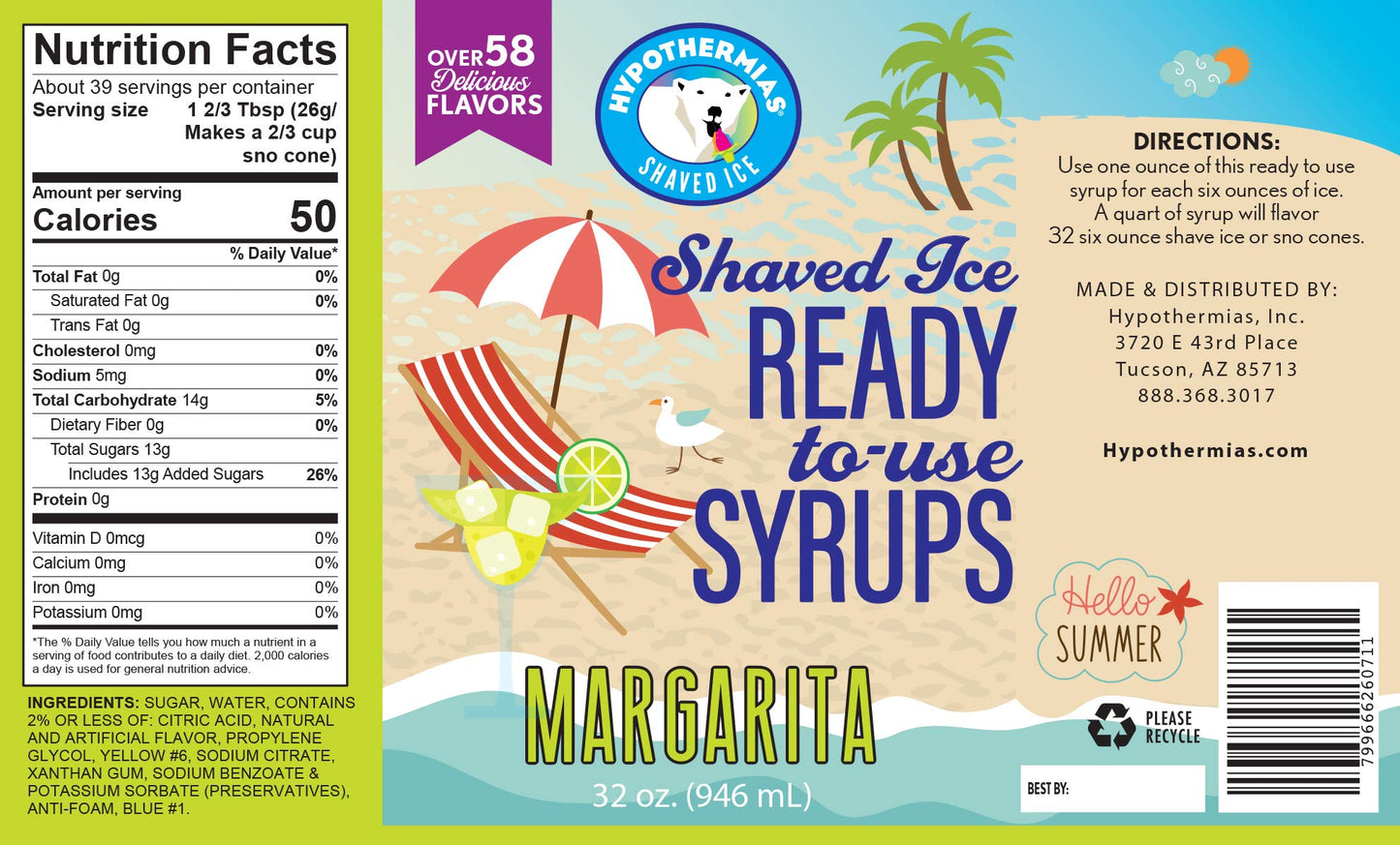 Hypothermias Shaved Ice & Snow Cone Syrup - Quart (32 Fl. Oz) - Margarita - Made With Non-Gmo 100% Pure Cane Sugar, No Corn Syru