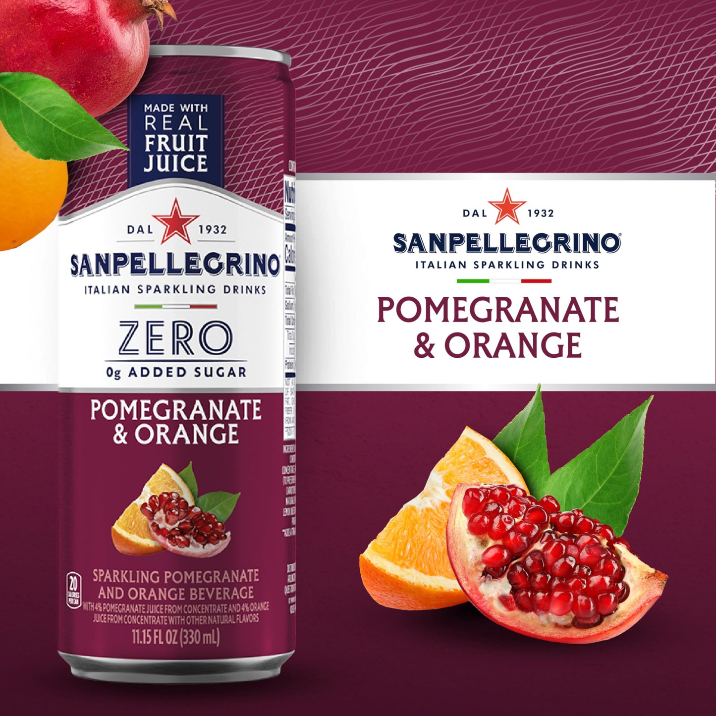 San Pellegrino Pomegranate Orange Sparkling Beverage, 11.5 Fl Oz Cans, Zero Added Sugar, 24 Pack - Italian Refreshing Drink