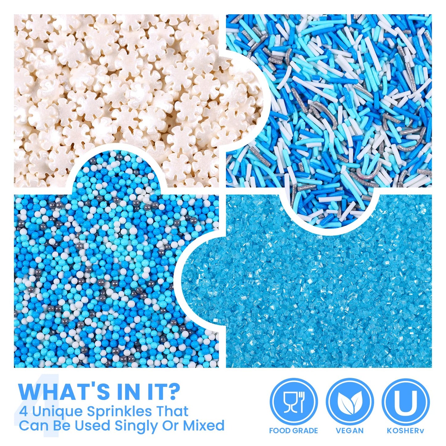 Blue Sprinkles For Cake Decorating, Edible Winter Sprinkles Set For Cupcake Toppers, White Snowflake Sprinkles, Blue Sugar Sandi