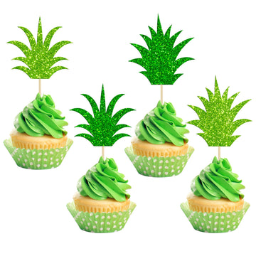 Gyufise 24 Pack Pineapple Cupcake Toppers Glitter Donut Pineapple Leaf Cupcake Picks Tropical Hawaiian Luau Pineapple Theme Baby