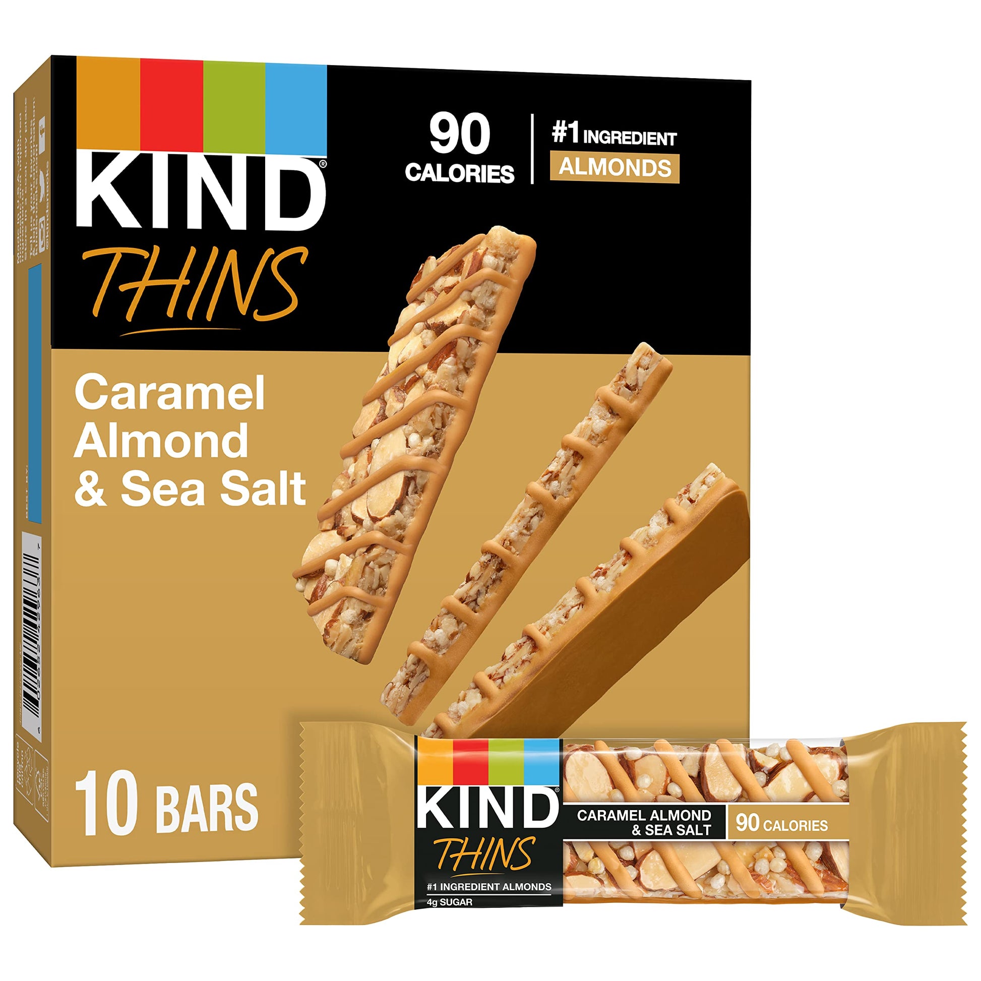 KIND THINS Caramel Almond & Sea Salt Bars  0.74 Ounce  Gluten Free  4g Sugar  10 Count (Pack of 6)