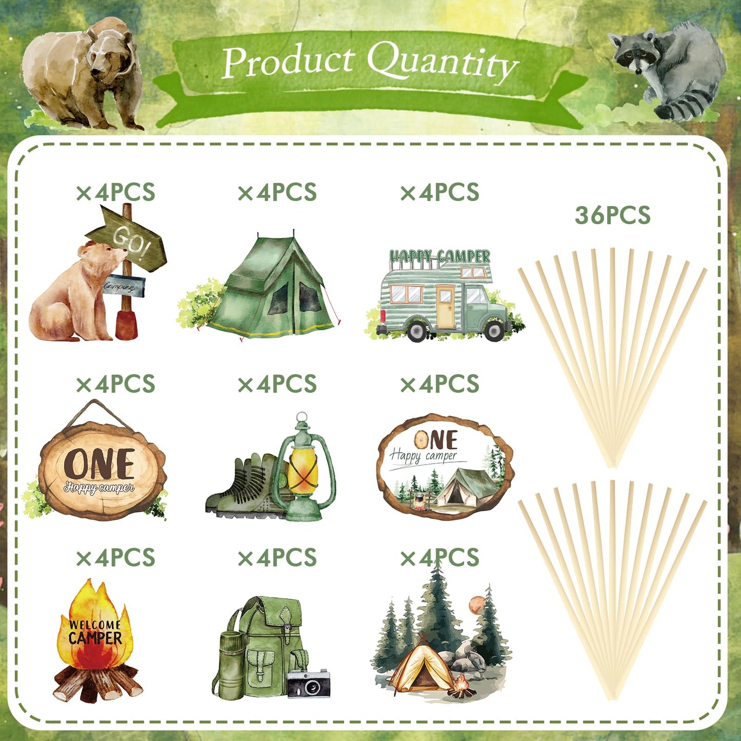 One Happy Camper Cake Topper - Joybileefun 36Pcs One Happy Camper Birthday Decorations Cupcake Toppers Woodland Camping Themed P