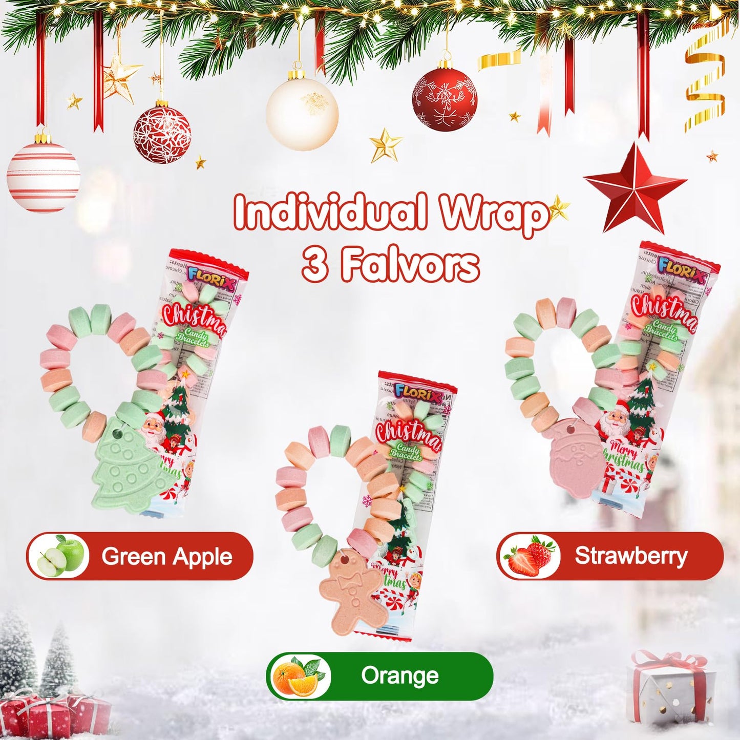 40 Pack Christmas Candy - Individually Wrapped Holiday Themed Candy Bracelets Bulk, Use for Stocking Stuffers(Santa, Christmas T