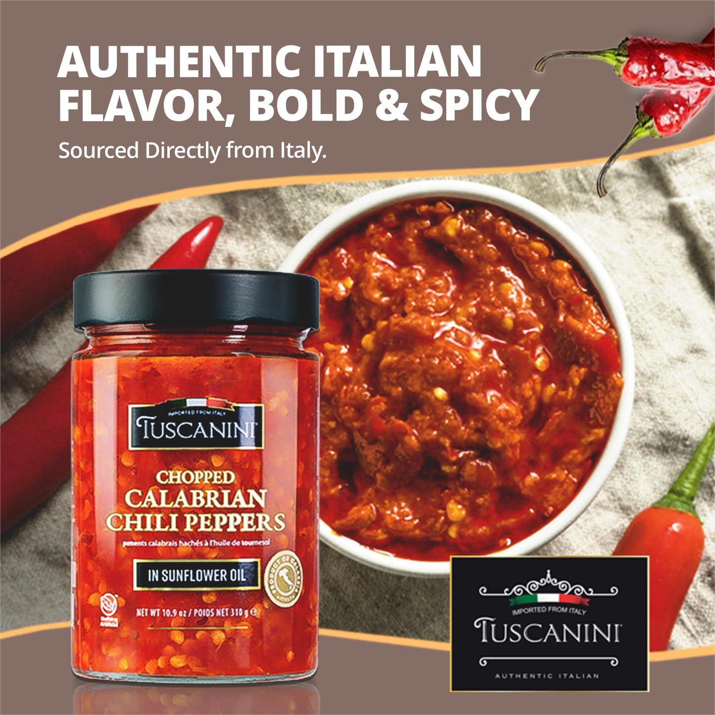 Tuscanini Premium Italian Chopped Calabrian Chili Peppers In Sunflower Oil, 10.9 Oz | All Natural | Nothing Artificial | Crushed