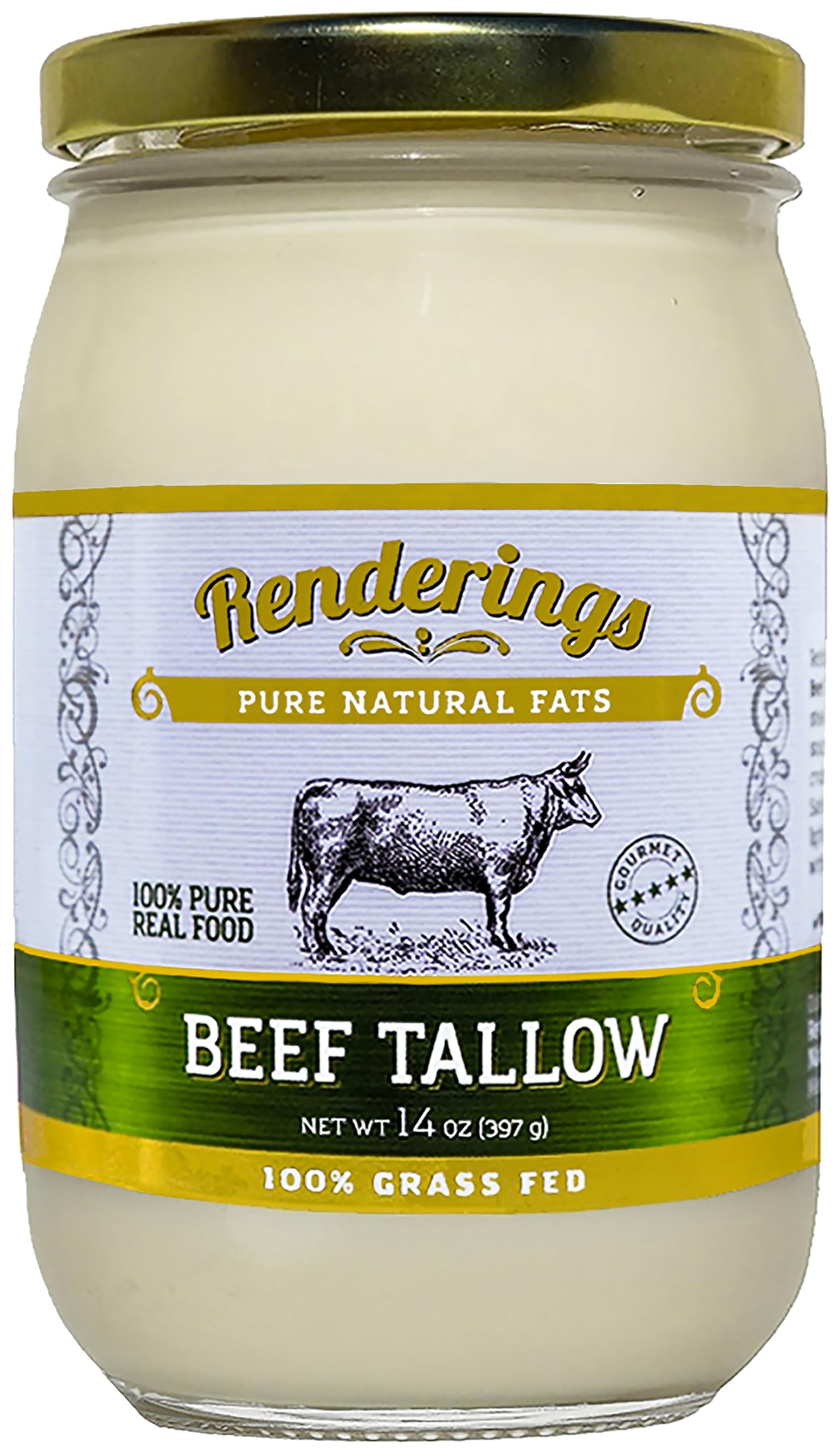 Renderings Beef Tallow, 100% Grass-Fed & Finished, Cooking, Baking and Frying, 14 oz jar