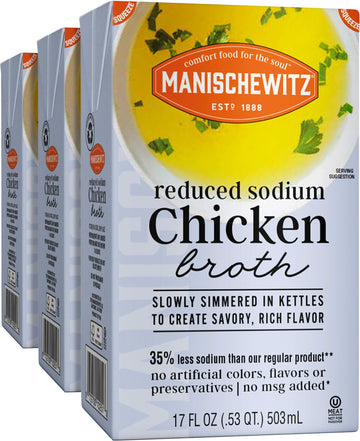Manischewitz Reduced Sodium Chicken Broth 17Oz (3 Pack), Flavorful, Kettle Cooked, Slowly Simmered