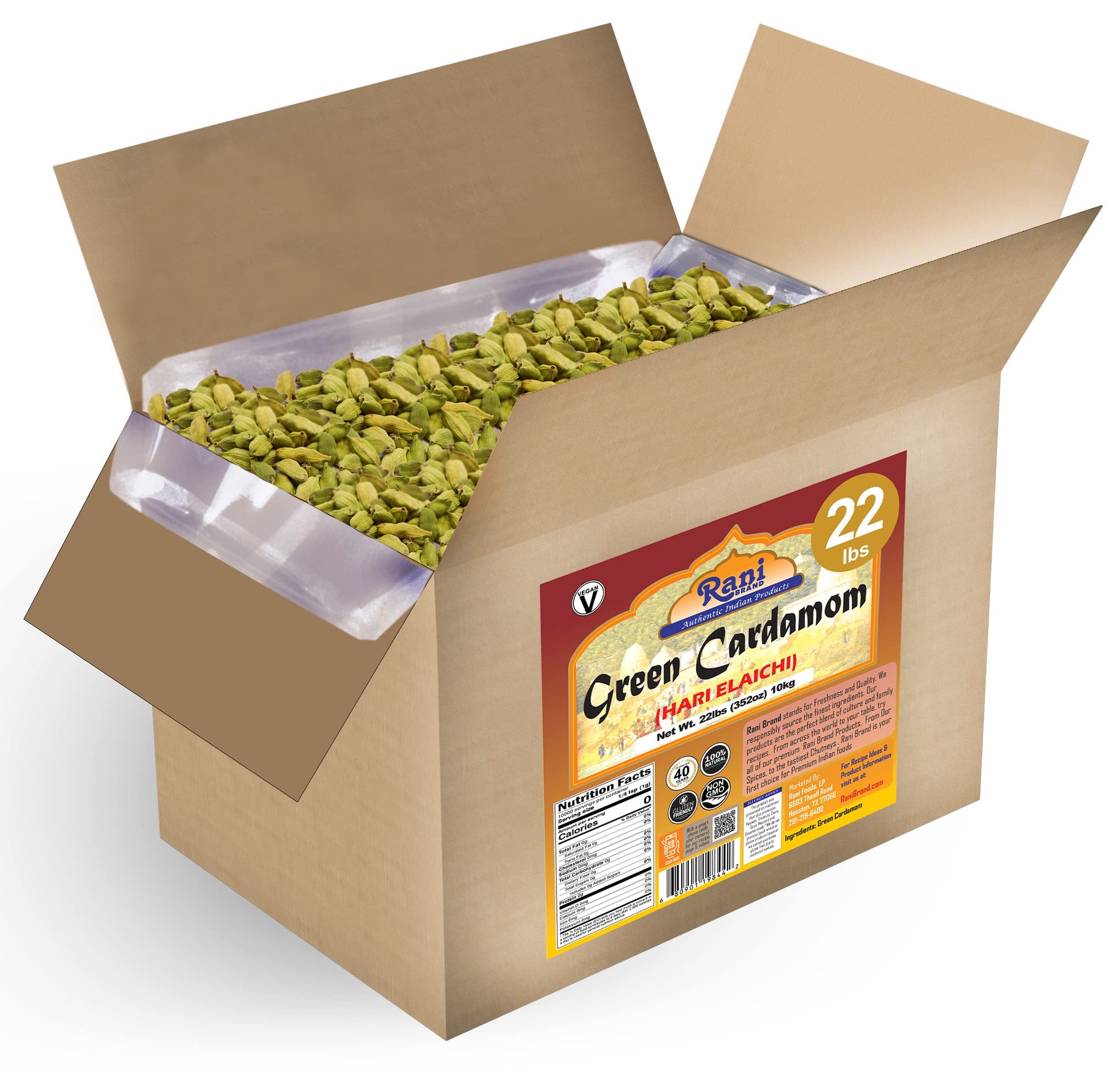 Rani Green Cardamom Pods Spice (Hari Elachi) 352Oz (22Lbs) 10Kg Bulk Box ~ All Natural | Vegan | Gluten Friendly | Non-Gmo | Pro